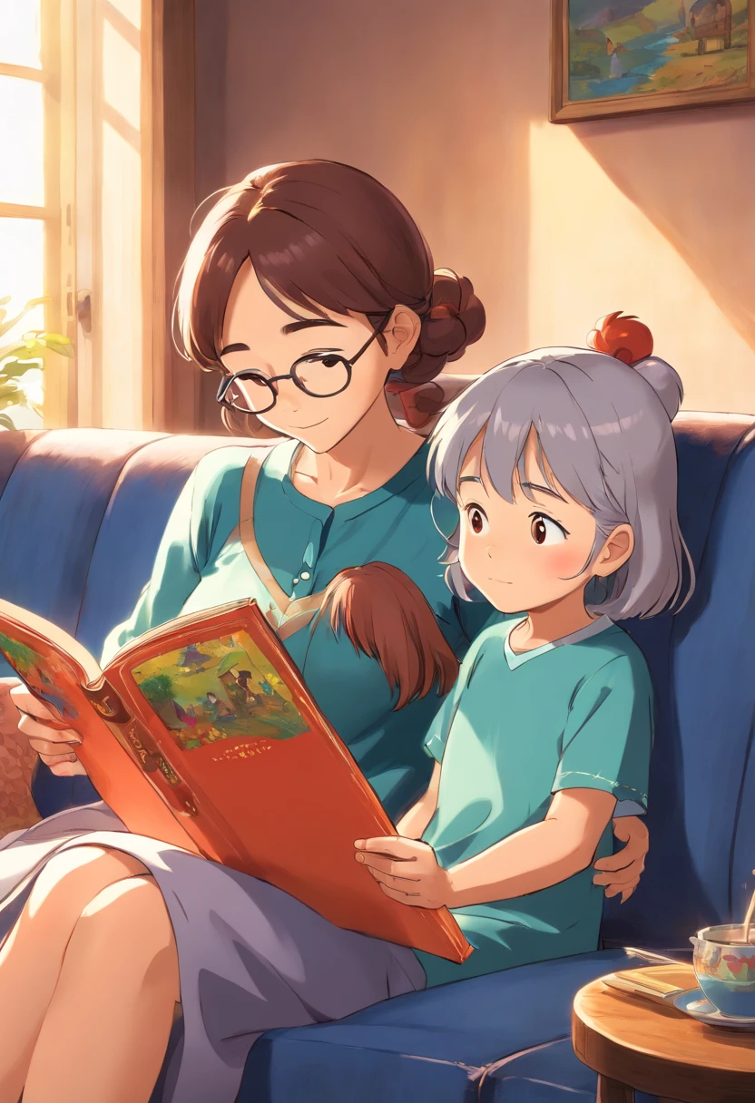 Arakfi woman reading to her child on the couch, Grandma and children, reading new book, Reading a book, pexels, Loving grandma with a wide forehead, instagram post, coloring book, With a child, instagram photo, title, reading the book about love, telling stories, photo pinterest, stock image, Grandma's, telling stories, ilustration