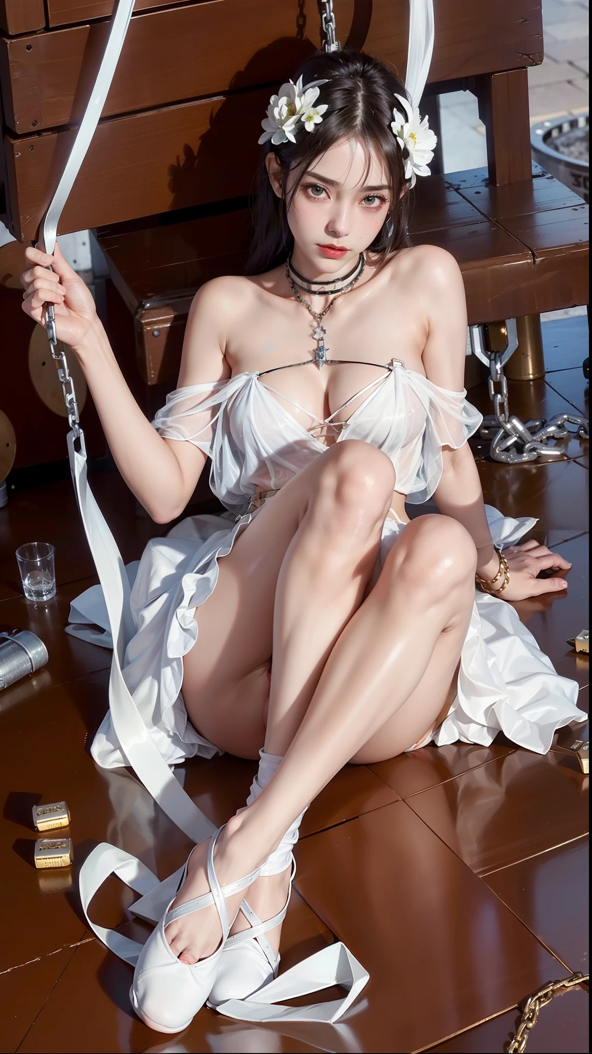 ,((Wearing a torn sheer costume of a superheroine)),(, No bra)), Wet crotch, Wet thighs, Beautiful girl with accentuated slender abs: 1.4, (((nipple tips protruding, areola is protruding, The shape of the pubic region is clearly visible)), sixpack abs: 1.4, Bust Botox, Photo, Sharpness, Unique 850 4, Koda850 k portrait camera, F1.6 shots, Ultra-realistic textures, Spectacular light textures, Cinestil 800 Fashion Mechanics, (futuristic sci-fi battle fashion: 1.1), (tied perfectly by chain), Restraint, Slaves, collars, ((wide prison with sunlight)), Dark fantasy, Realistic material details, extreme hight detail, Ultra-realistic materials ((Torn costume))), Wet, Cloudy, (Chained)), ((big emphasized by chains)), ((chains digging into crotch)), ( (Collar)), (, No bra), shredded costumes, broken golden shields and battle spears,, White combat gloves, Combat shoulder armor, Blood splattered on the face, Blood splattered, Realistic, (Bruises, Dirty, ripped clothing, skimpy clothing, Blood: 1.3), Torn Cape, Torn pantyhose, Long legs, ((iron pipe in the crotch)), Metallic shackles and fetters, ((chains hung from heaven)), Wet crotch is clearly visible, Swarovski's sword and the anatomy beneath his feet, (futuristic sci-fi battle fashion, Torn mesh stockings),Leg repair,sat on the ground