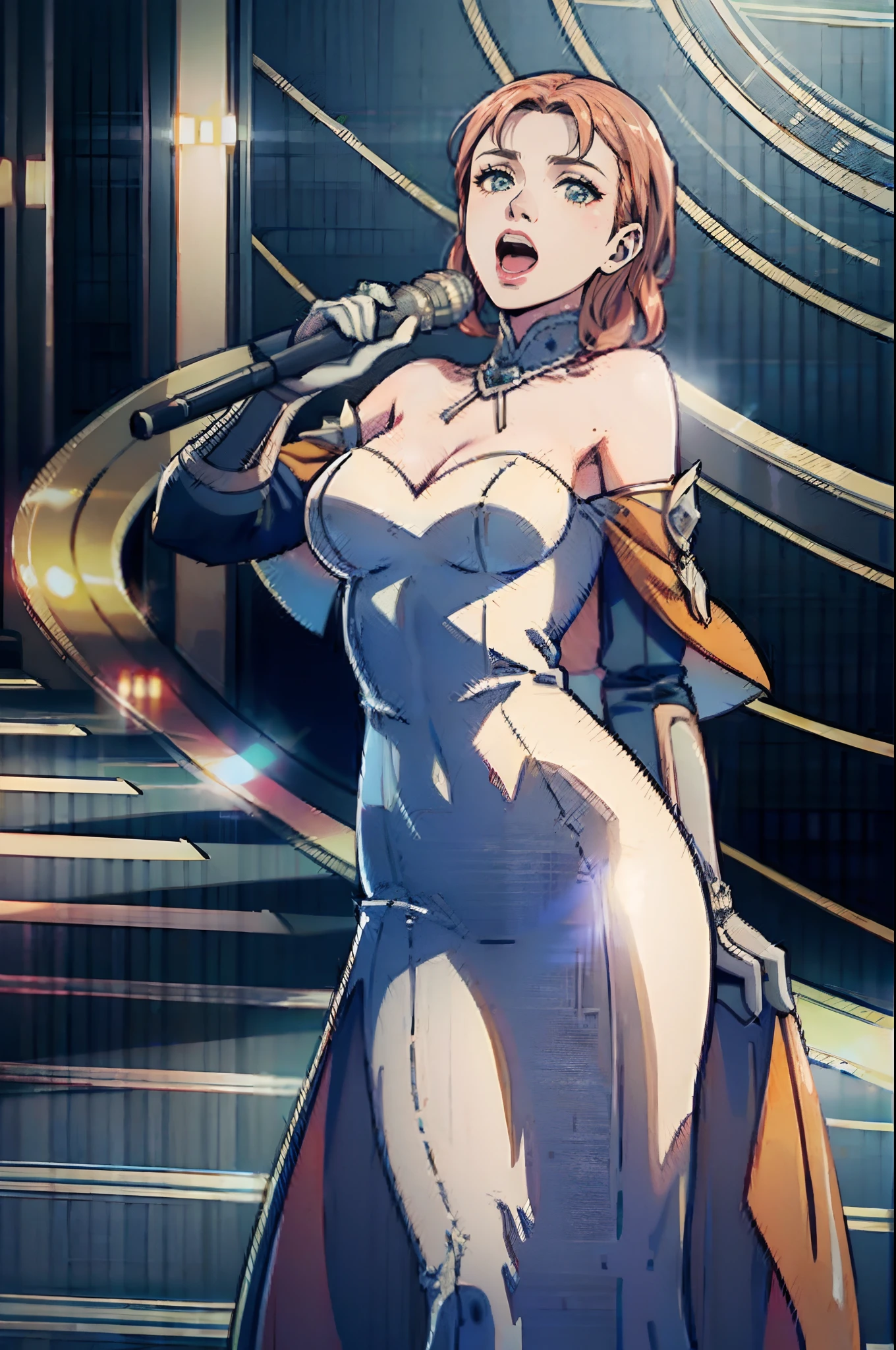 1girl, annette_war, wearing a red cocktail dress paired with long white gloves, singing into a classic microphone. in a 1920s night club