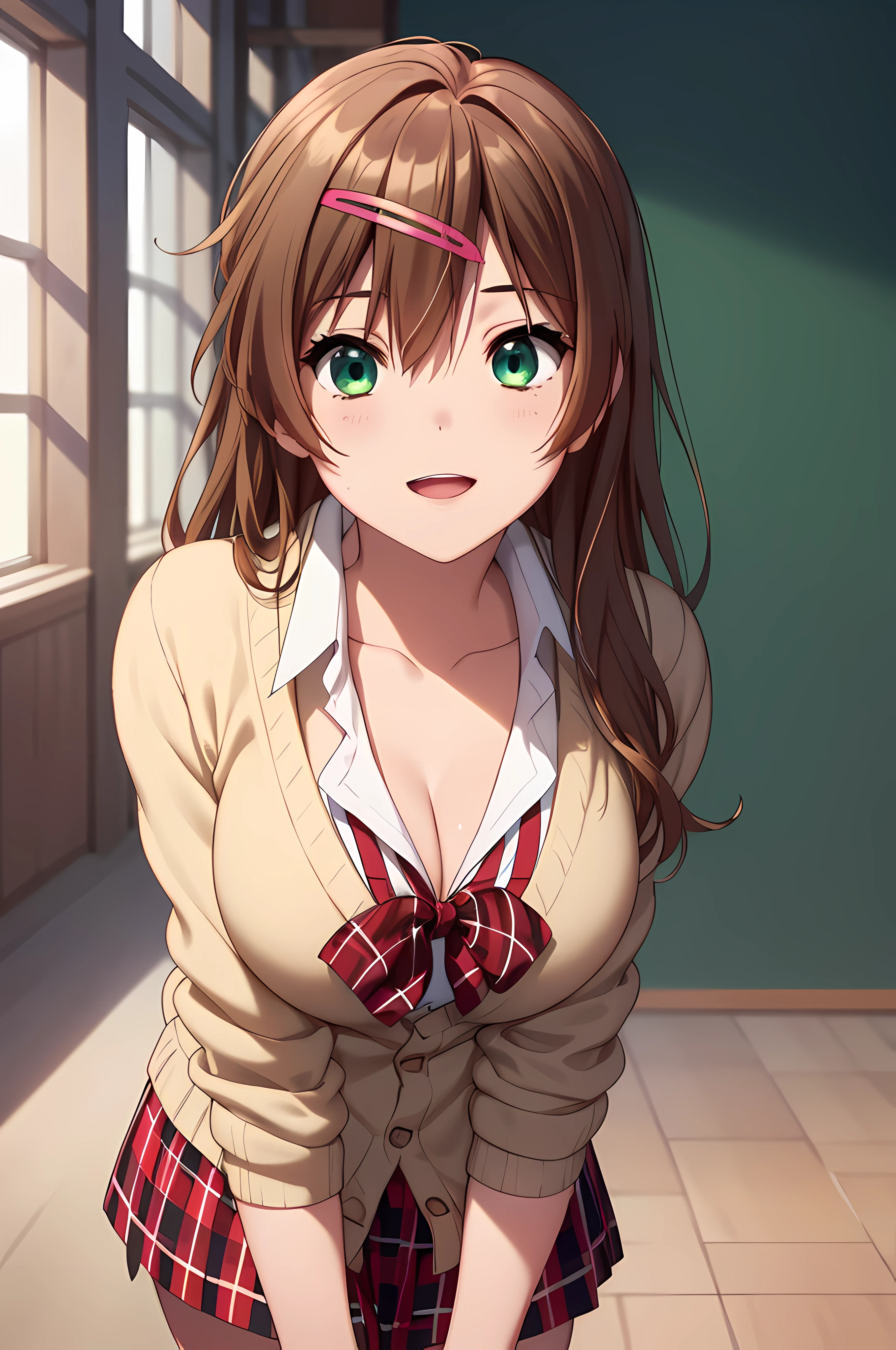 ((nsfw:1.8, masterpiece, best quality, highres, UHD, perfect pixel, depth of field, 4k, RTX, HDR)), 1girl, single, solo, beautiful anime girl, official art, beautiful artstyle, anime character, ((long hair, parted bangs, dark brown hair)), (green eyes:1.4, rounded eyes, beautiful eyelashes, realistic eyes), (detailed face, blushing:1.2), (smooth texture:0.75, realistic texture:0.65, photorealistic:1.1, anime CG style), medium breasts, perfect body, busty, cleavage, (pov, close up), ((JK school uniform, plaid skirts, neck bowtie, cardigan)), natural light, indoor, classroom, school, smile, open mouth, leaning forward, hands behind back