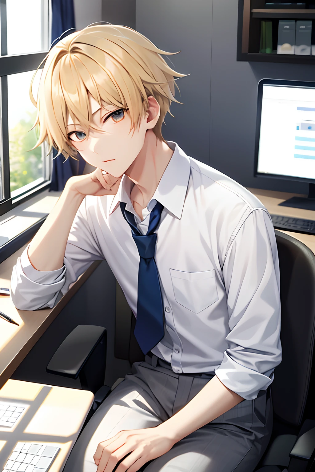 kpop boy, blond hair, necktie, on office with a computer, proper seating, near glass window view