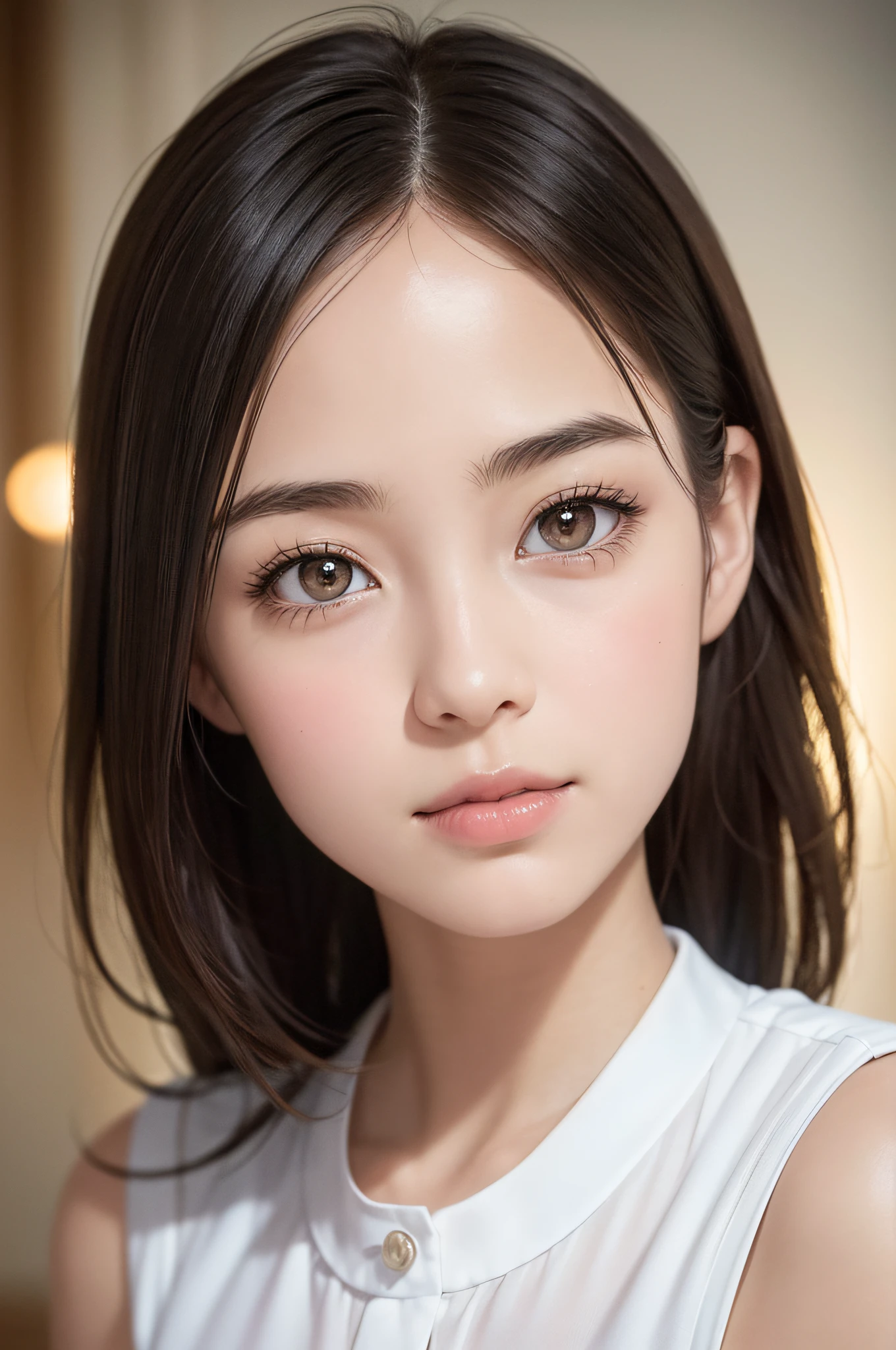 Highly detailed CG Unity 32k wallpaper, Realistic , photographrealistic , Raw photo , high-definition RAW color photography , professional photograpy , Best Quality , 超A high resolution , ultra-detailliert , official photo . Break sharp focus , detailed shadow , Soft lighting , Bokeh , bloom , Light from the front , Cinematic lighting , Light on Face , Beautiful lighting , Retro environment , Camera Flash , a polaroid photo , lo fi , Graded Tone , Film grain . adorable girl , kind , grateful , Seductive smile , Natural makeup , Beautiful eyes , Big eyes , Natural eyes . Thin eyebrows . Breaking small breasts . slim . Short stature . Beautiful skin . gleaming skin . Smooth skin . Natural Skin . Break POV . ((close up)) . (Beautiful face) .1a person、 Half body shot,extremely detailed cute girl,(20yr old)、