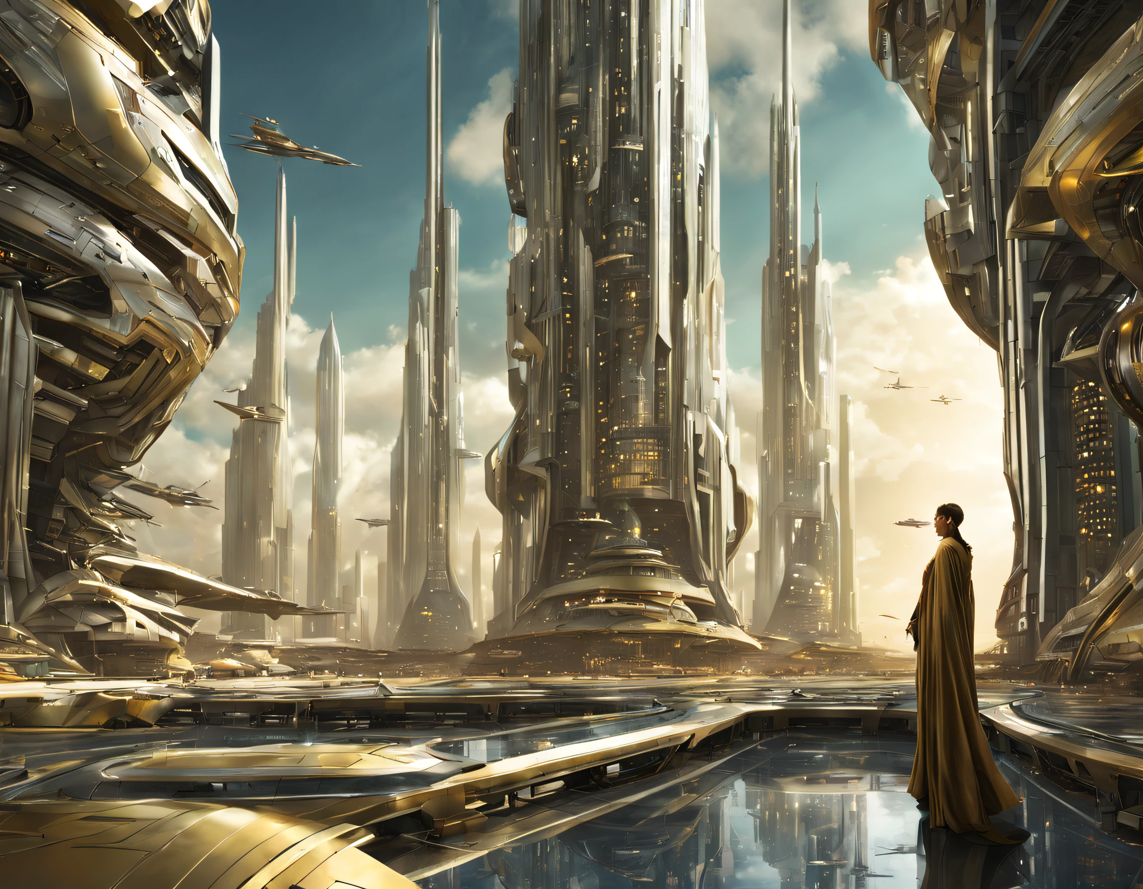 On an unknown planet lies a futuristic fantasy city with immense buildings of technological design that form an infinite avenue, con estructuras acristaladas en plata, oro y bronce espectaculares. con colores vivos. pavimento ensolado sin brillo. gente paseando. similar a un coruscant. imagen bien definida con muchos edificios juntos.