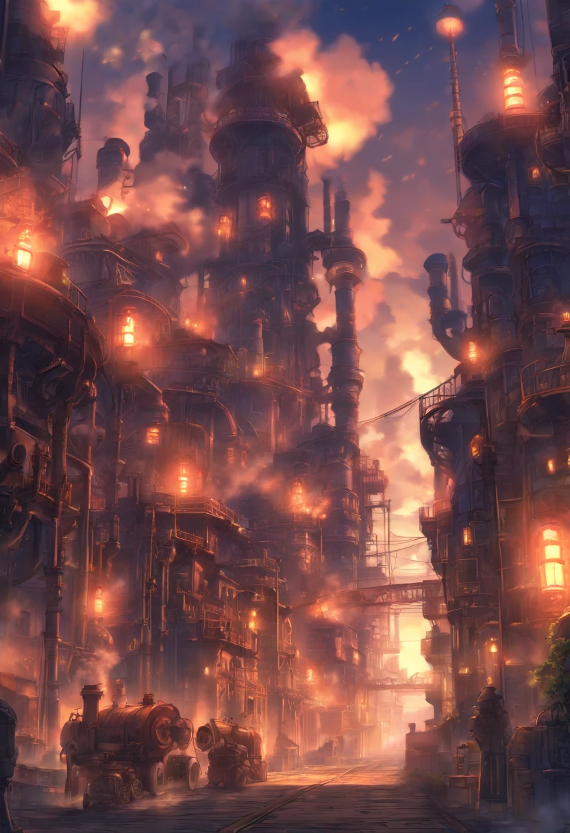 Industrial city, Surrounded by walls, steampunc, Rusty and heavy, Smoke, chimneys, mills, gear wheel, Machinery, Tall buildings, Towers, Steam powered, steam pipes, the street lights, (Cinematic lighting:0.8, Super detail, full bloom)