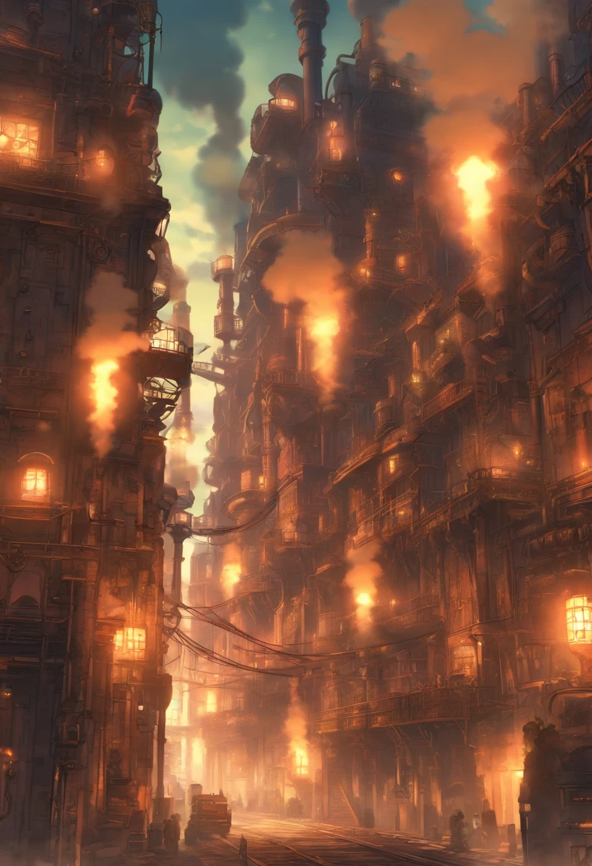 Industrial city, Surrounded by walls, steampunc, Rusty and heavy, Smoke, chimneys, mills, gear wheel, Machinery, Tall buildings, Towers, Steam powered, steam pipes, the street lights, (Cinematic lighting:0.8, Super detail, full bloom)