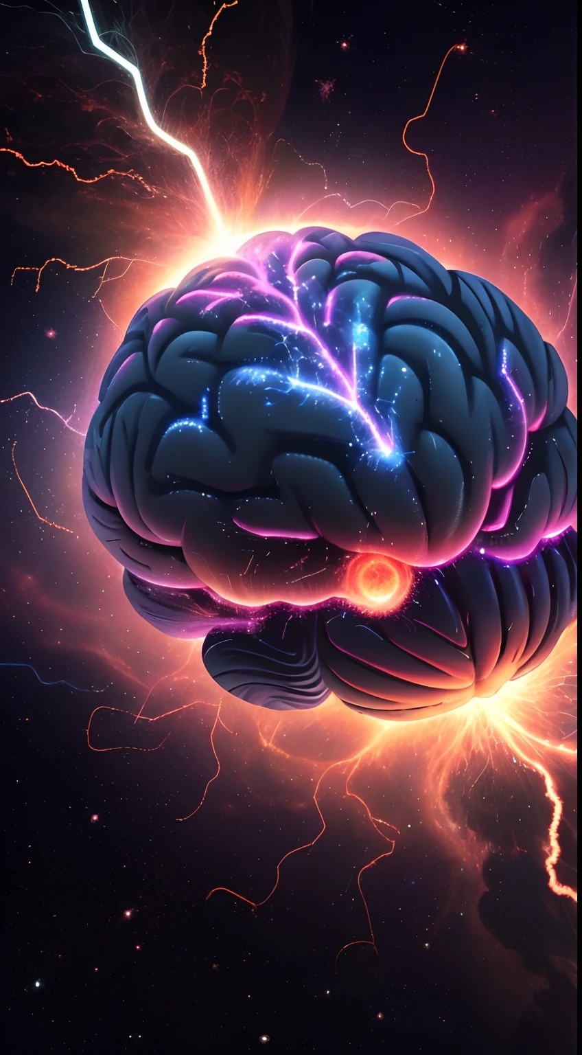 An illustration of a brain alluding to electrical circuits releasing sparks on a cosmic plane filled with nebulae