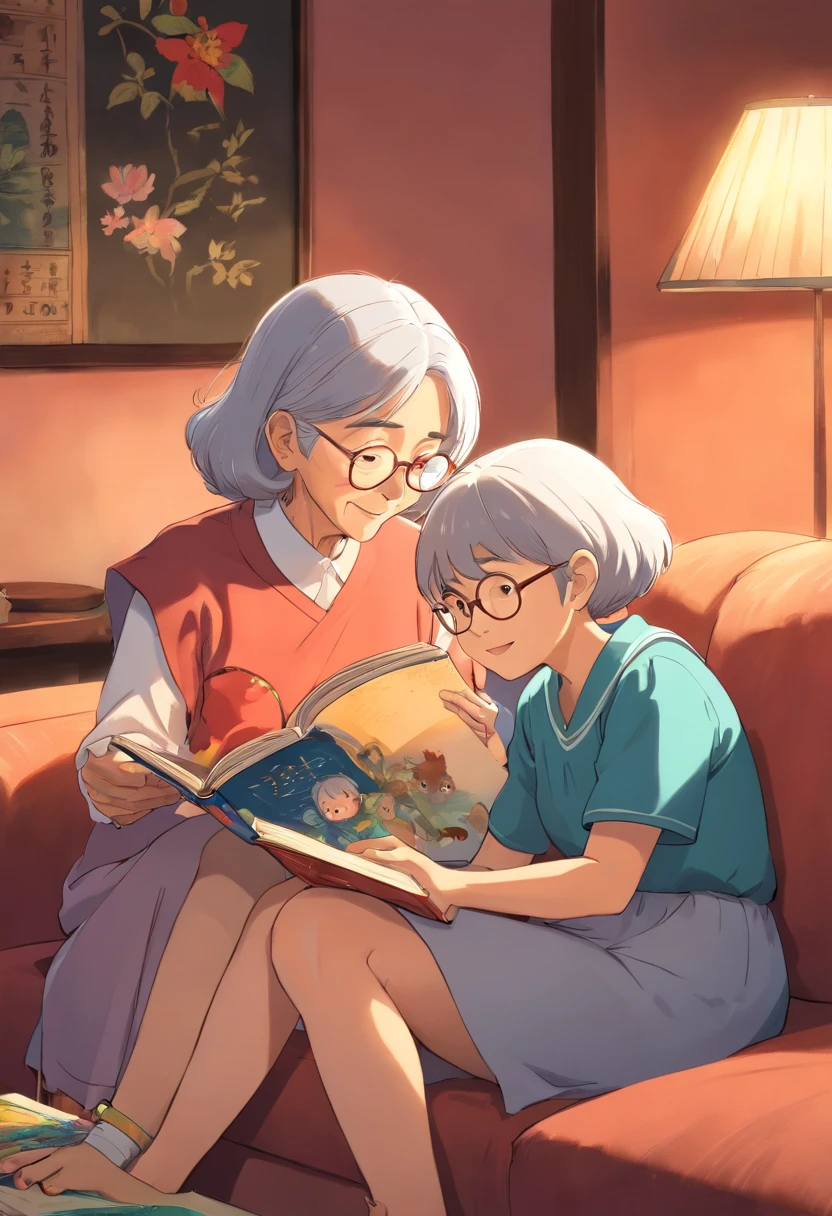 Grandma Arakfi reads to her child on the couch, Grandma and children, reading new book, Reading a book, pexels, Loving grandma with a wide forehead, instagram post, coloring book, With a child, instagram photo, title, reading the book about love, telling stories, photo pinterest, stock image, Grandma's, telling stories, ilustration