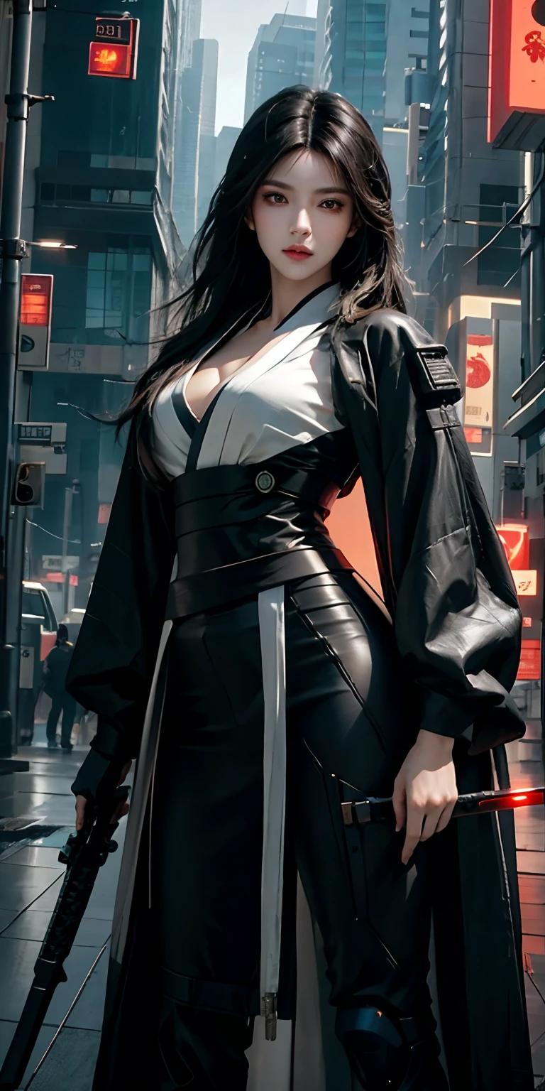 photorealistic, high resolution, soft light,1women, solo, hips up, (detailed face), black long hair, cybersamurai, cyborg, cyberpunk, cyber armor, holding weapon,glowing,on the street , kimono , sniper looking at the target, gun