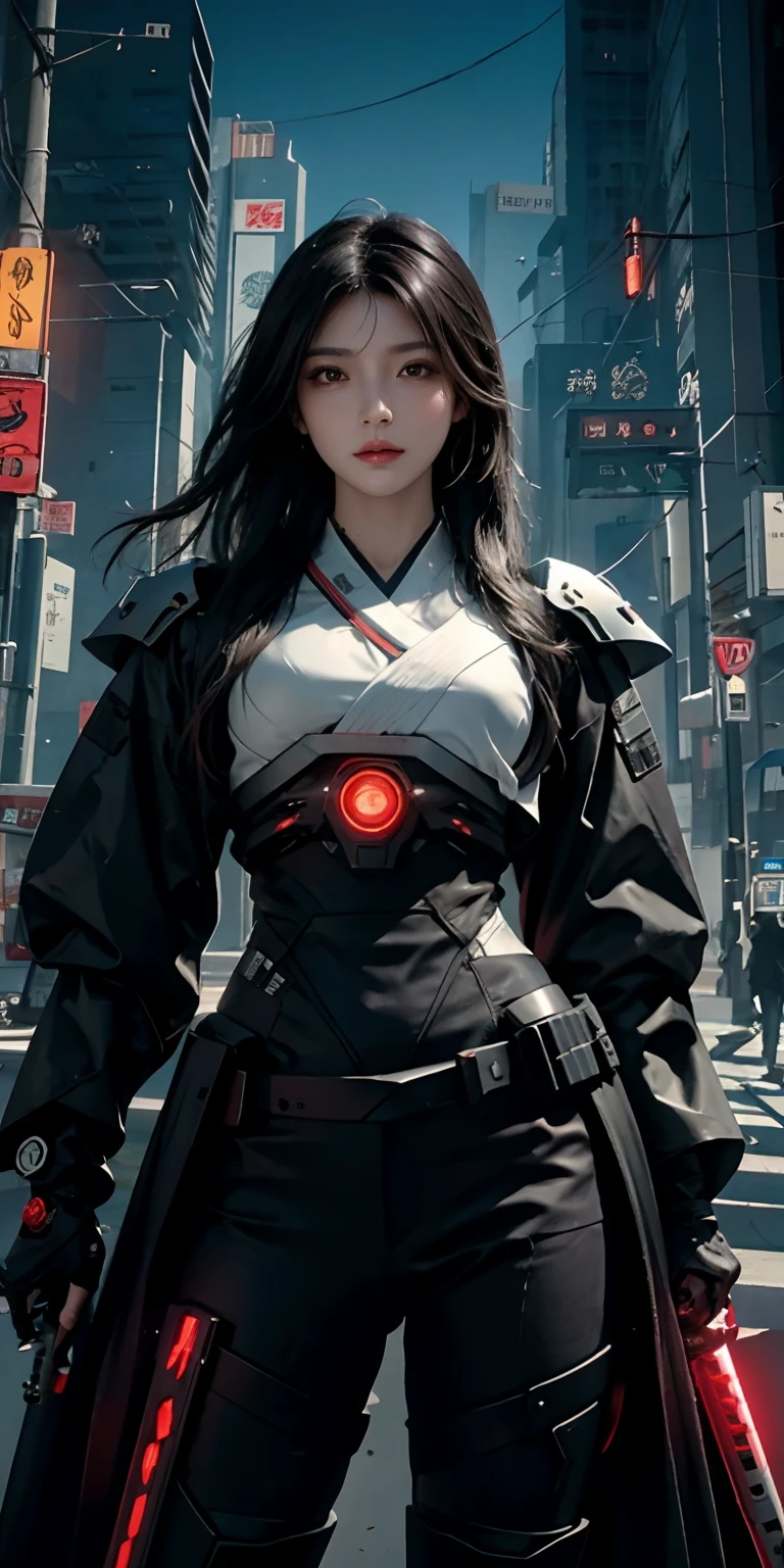 photorealistic, high resolution, soft light,1women, solo, hips up, (detailed face), black long hair, cybersamurai, cyborg, cyberpunk, cyber armor, holding weapon,glowing,on the street , kimono , sniper looking at the target, gun