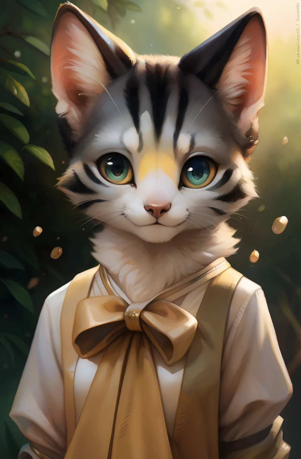 by Kenket, by totesfleisch8, (by thebigslick, author：Silver Fox 5213:0.8), (By Syuro:0.2), (by Qupostuv35:1.2), Depth of field, Perfect lighting, Light particles, puff_Sam,1girll, Furry, Masterpiece, Best quality, Solo, fur, (Detailed eyes),  ojou-sama pose, waterfallr, angle of view, Dusk, cropped arms, china dress, a cat tail, Upper body,grey tabby cat