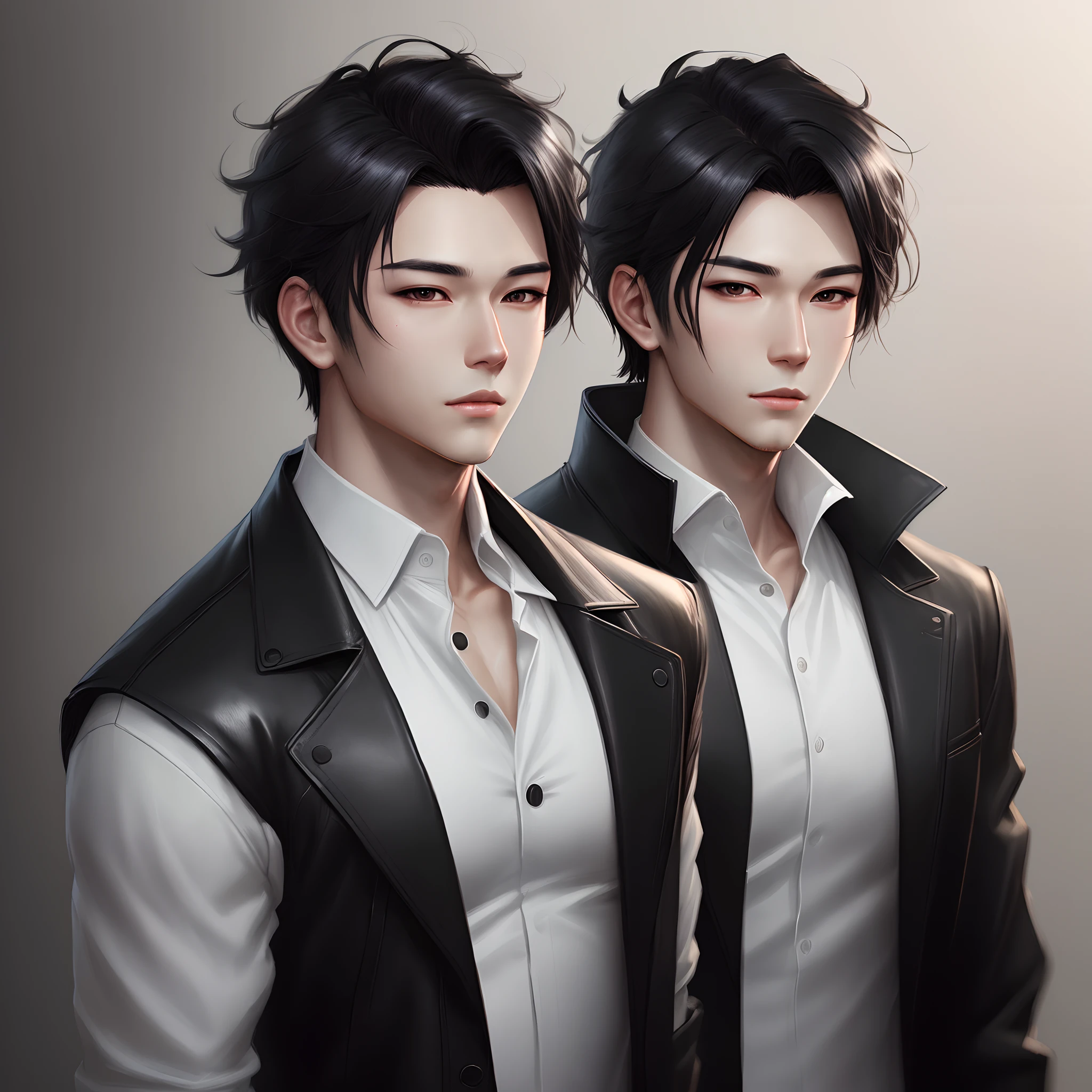 Male, has sharp black eyes, well-proportioned face, cool expression with hair neatly combed back, wearing long black coat, double-breasted black leather vest and white shirt, painting style, WLOP maker, WLOP drawing style.