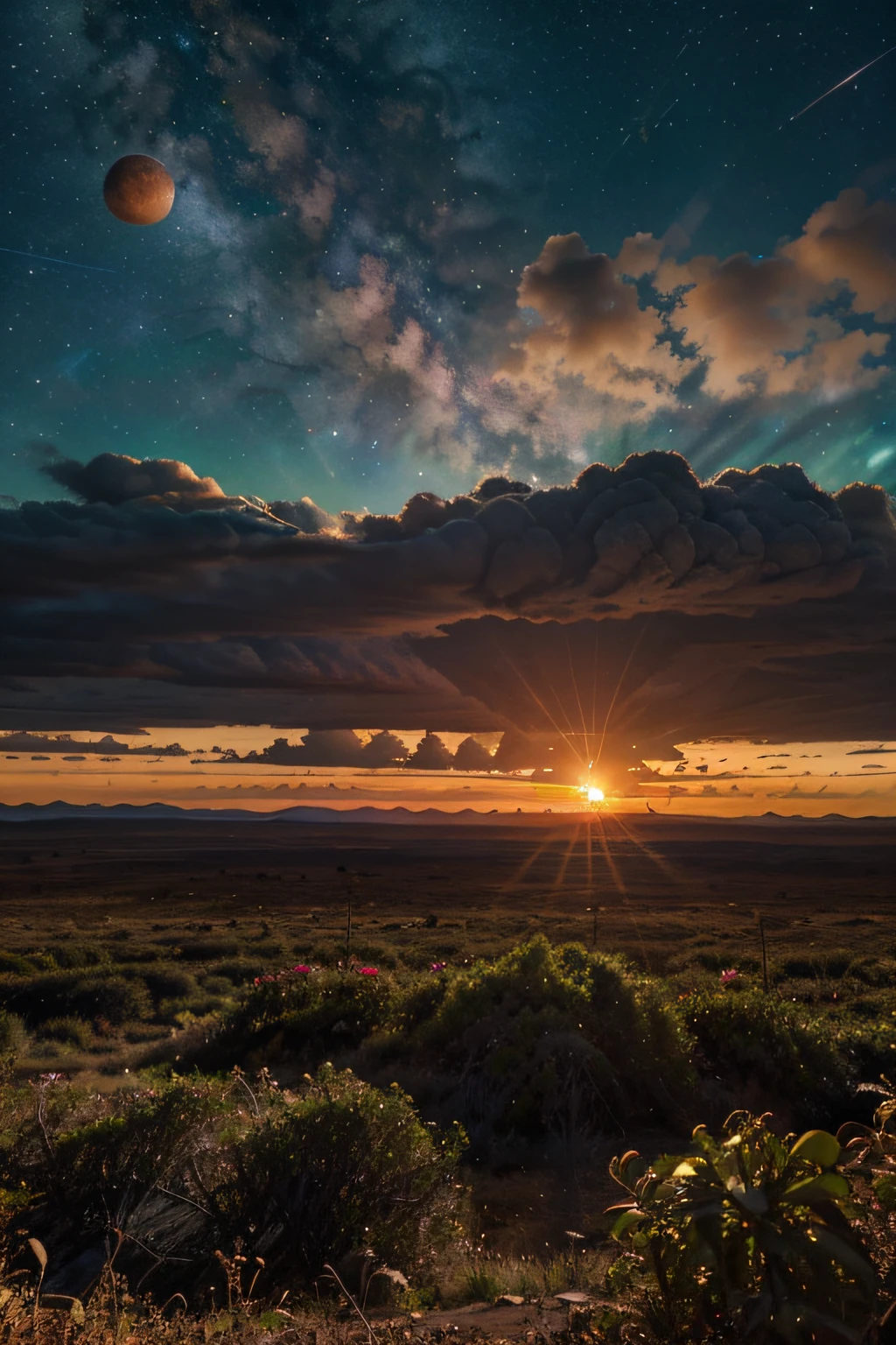 A very detailed sunset on an extraterrestrial planet with colorful vegetation and wildlife. It's magnificent we see the galaxies and stalwart clouds