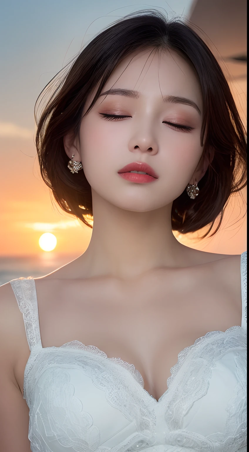 masutepiece, Best Quality, Illustration, Ultra-detailed, finely detail, hight resolution, 8K Wallpaper, Perfect dynamic composition, Beautiful detailed eyes, Wear a dress, Natural Color Lip,Beach, Random and cute poses, Kissing face,Close your eyes,Face Kiss Viewer,Perfect and beautiful face,Cute,Sexy face,Sunset,A face that felt ecstasy,Feminine face,Expression of excitement climax having sex