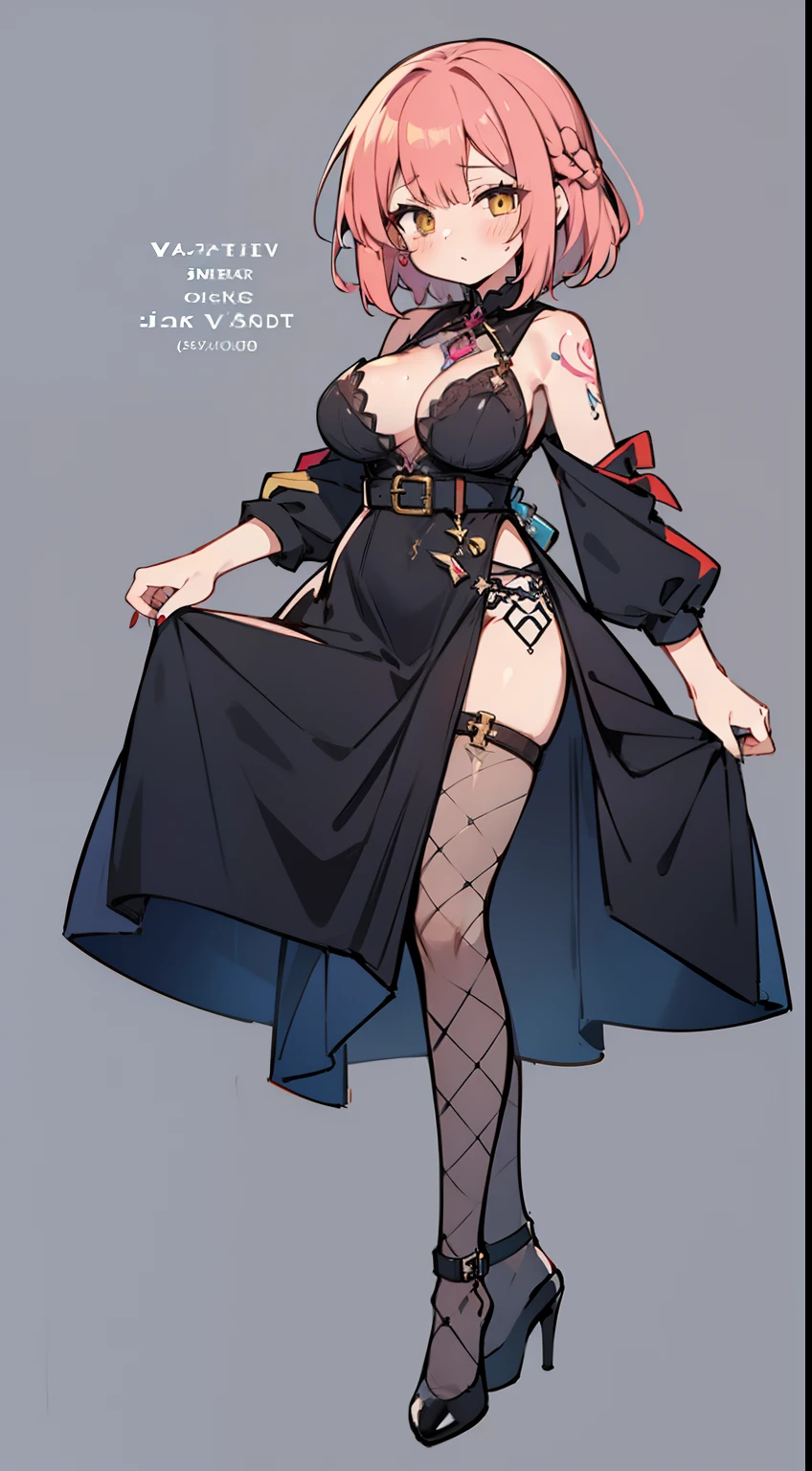 1girl in, fullllbody, Character Design, short hair with blue braid, Eyes are yellow, Dark eyes, Jitoai without highlights, Brainwashed, large full breasts, High quality, 痴女, Magic Makeover, Pink obscene tattoo on the lower abdomen,((Sex slaves)), Black Rubber Slit Dress, fishnet tights, garterbelts, Black High Heels, Wide Shot, Detailed background of the prison