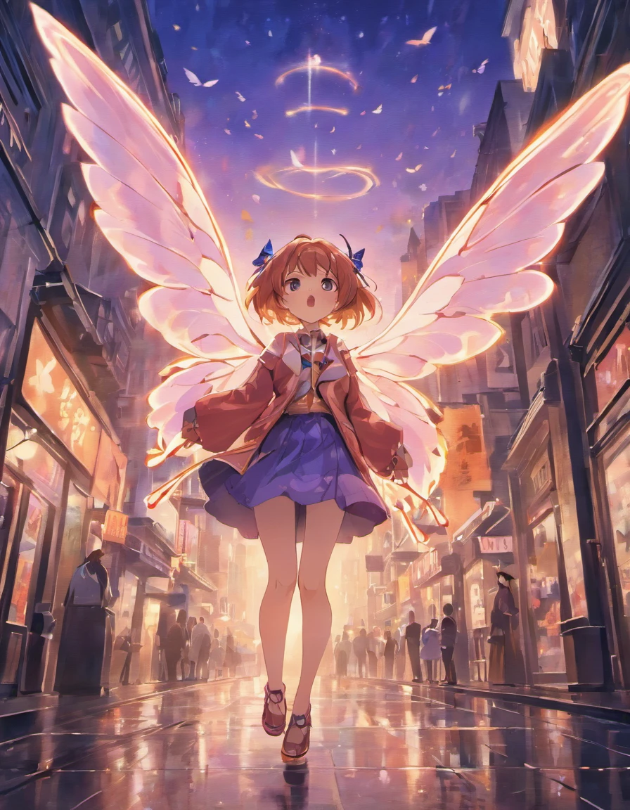 (best quality,highres:1.2),ultra-detailed,(realistic:1.37),Butterfly flying in the city sky,illustration,cityscape,nature,urban environments,beautiful detailed wings,vibrant colors,lifelike,bokeh,night scene,lamp post,unique perspective,mysterious ambiance