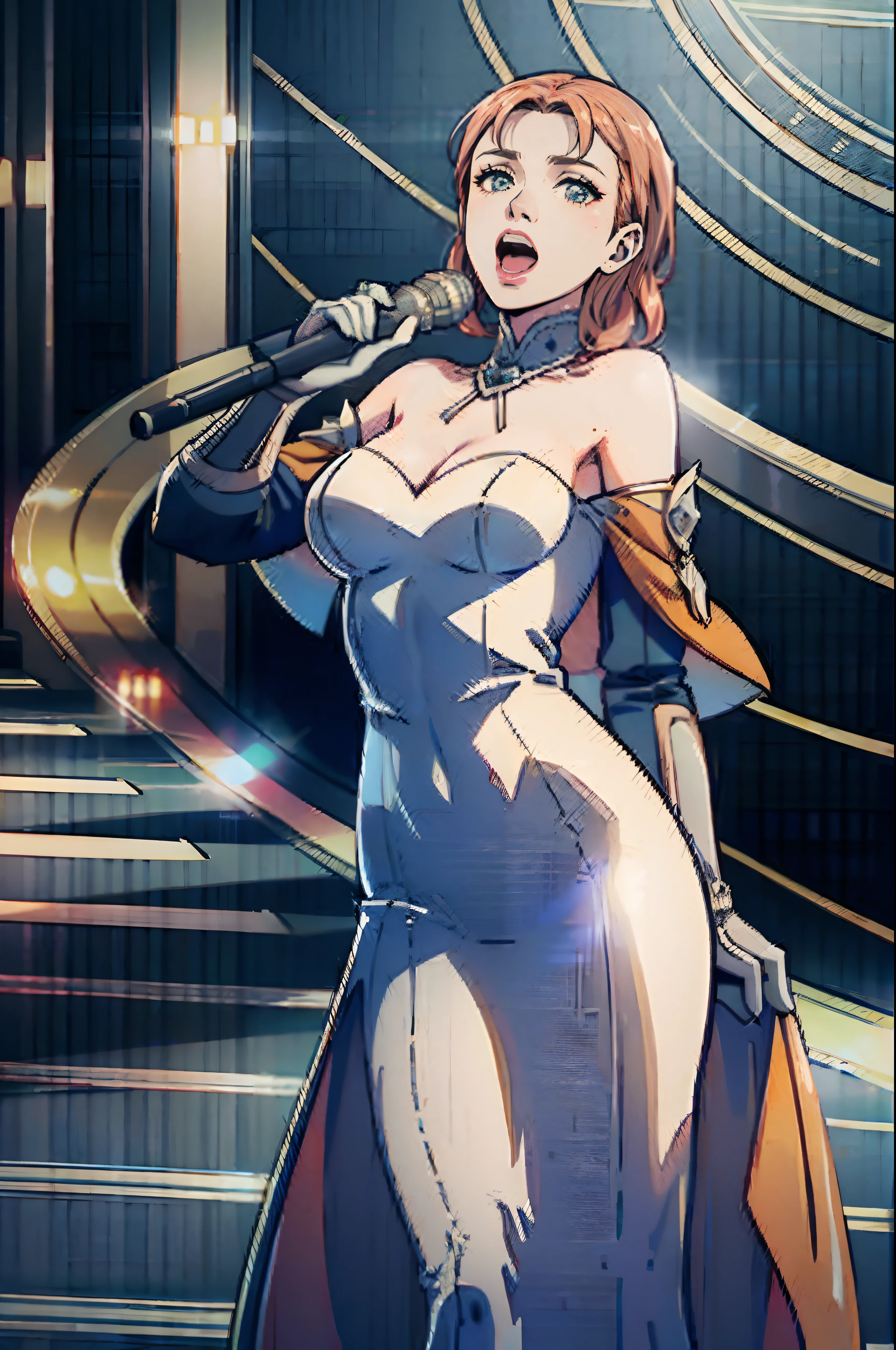 1girl, annette_war, wearing a red cocktail dress paired with long white gloves, singing into a classic microphone. in a 1920s night club