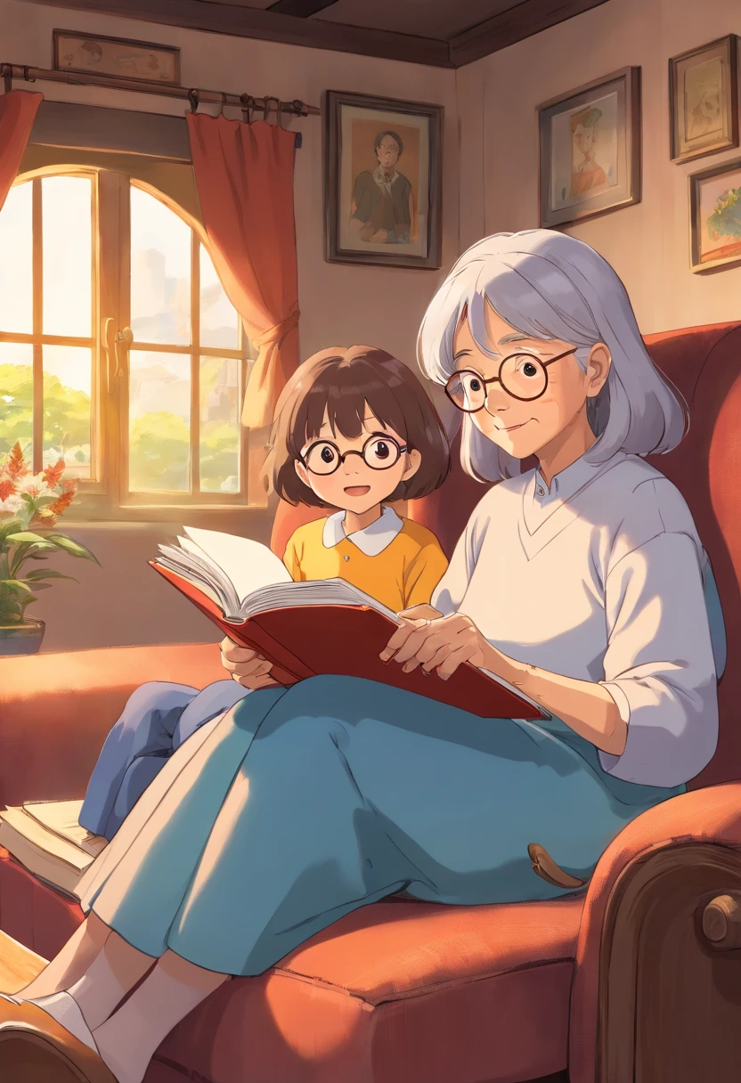 Grandma Arakfi reads to her child on the couch, Grandma and children, reading new book, Reading a book, pexels, Loving grandma with a wide forehead, instagram post, coloring book, With a child, instagram photo, title, reading the book about love, telling stories, photo pinterest, stock image, Grandma's, telling stories, ilustration