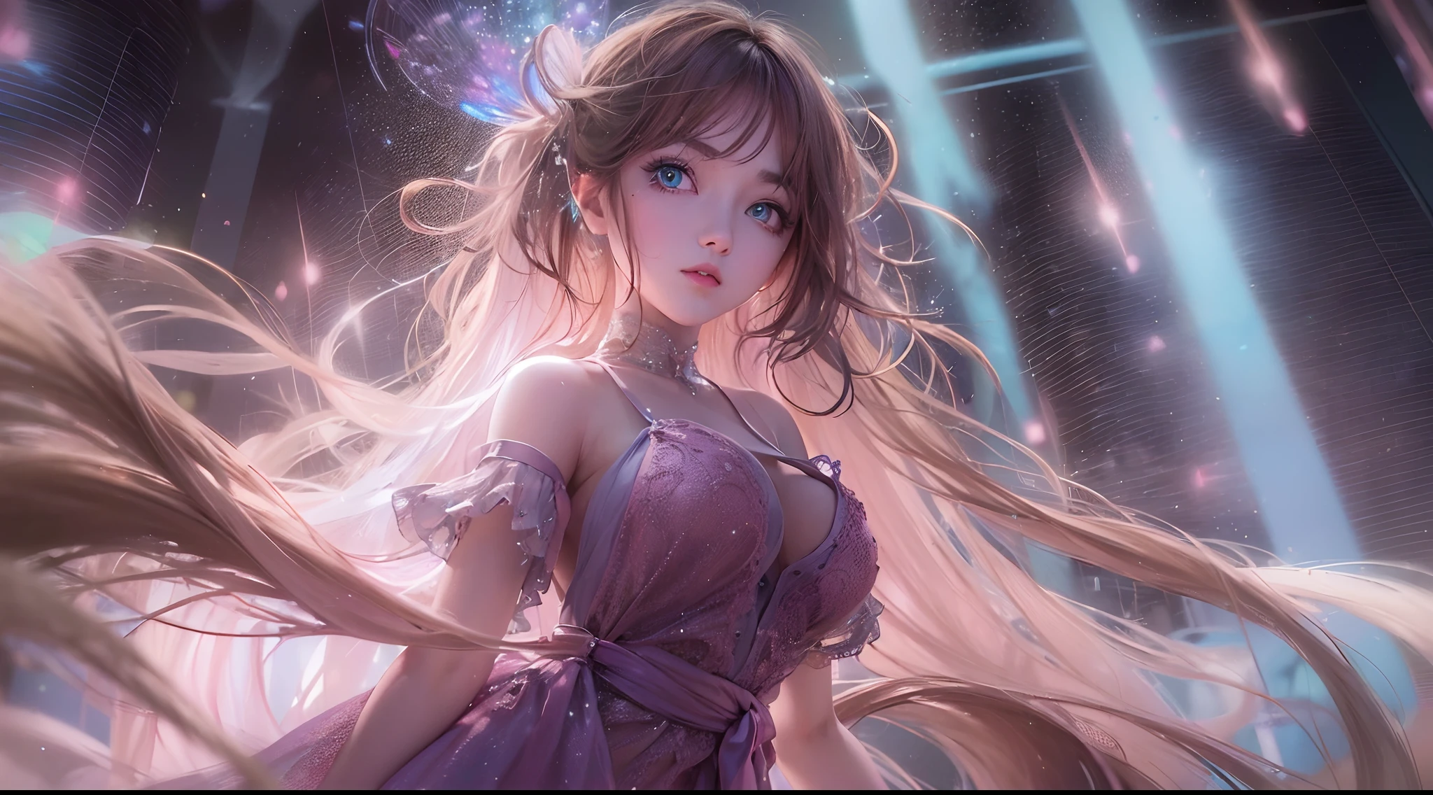 (Masterpiece, Best quality:1.3), (Ultra-detailed:1.3), 1girll, Solo, (Brown hair, Messy hair, Long hair),,medium boob, Blue eyes, (Pink slip dress), Cinematic lighting, (((Glowing light particles))), (arms back behind), Dynamic Angle,