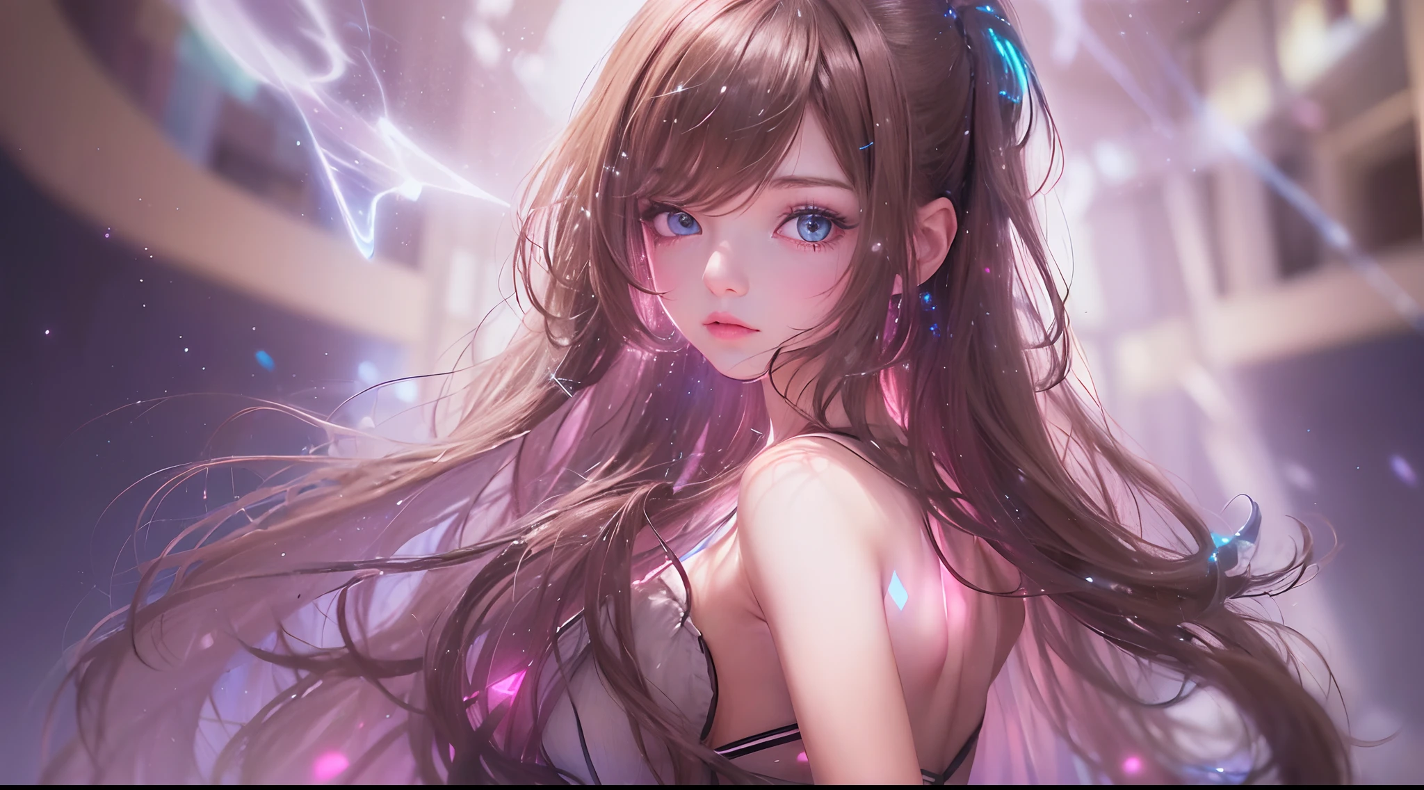 (Masterpiece, Best quality:1.3), (Ultra-detailed:1.3), 1girll, Solo, (Brown hair, Messy hair, Long hair),,medium boob, Blue eyes, (Pink slip dress), Cinematic lighting, (((Glowing light particles))), (arms back behind), Dynamic Angle,