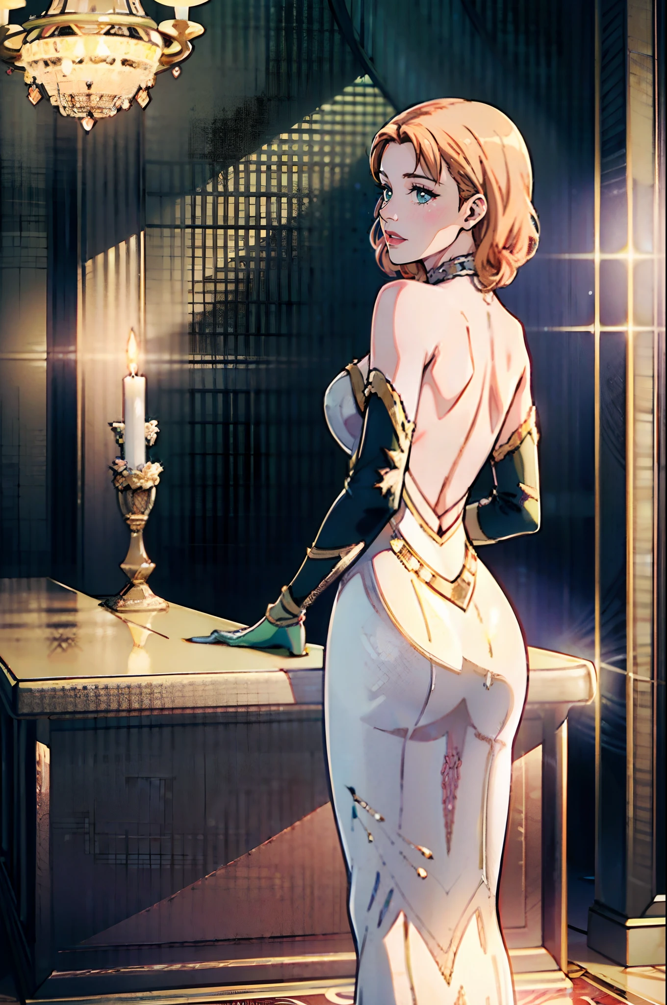 (masterpiece, best quality),1girl , Violet evergarden, red ribbon, undressing, underwear, bathroom, elbow gloves