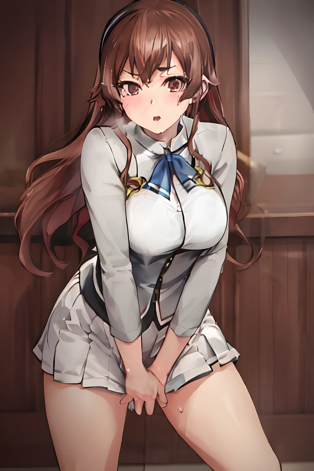 Kawakami_mai, 1girl, solo, solo focus, dynamic pose, sexual pose, bent over, leaning forward, pleated_white_skirt, hanging breasts, leaning towards viewer,