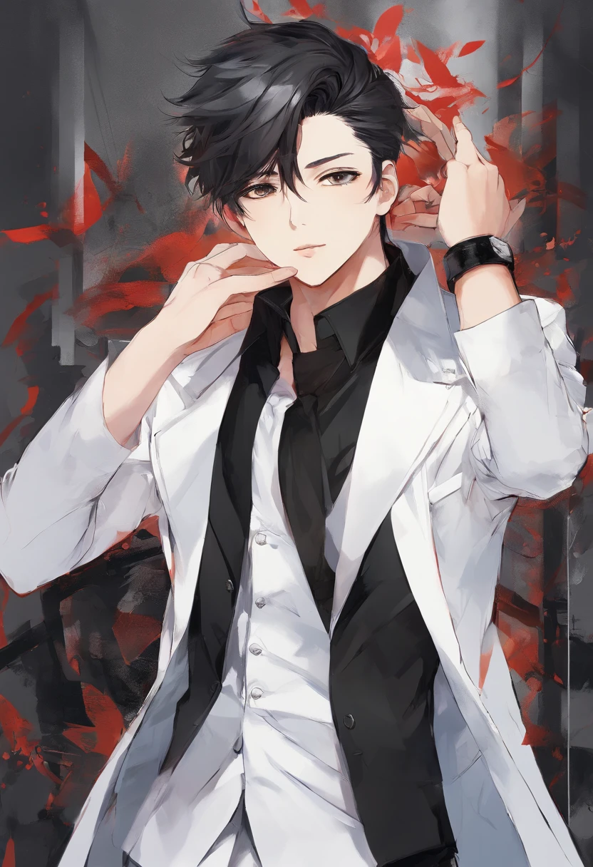 Male, has sharp black eyes, well-proportioned face, cool expression with hair neatly combed back, wearing long black coat, double-breasted black leather vest and white shirt, painting style, WLOP maker, WLOP drawing style.