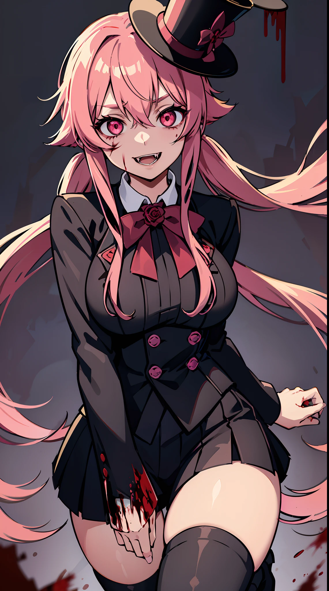 yuno gasai, long hair, pink hair, smile, low twintails, yuno gasai, (Black, Lilien Tailcoat Black Pure Rose:1.37), (large breasts:1.5), 1girl, red eyes, (night:1.1), (evil eyes:1.1), Ladies Lace Up Boots, blood, (black trousers:1.1), (out door:1.5), (top hat:1.5), (evil:1.5), jack the ripper, (blood on body:1.5), (evil eyes:1.4), 4k, 8k, killing