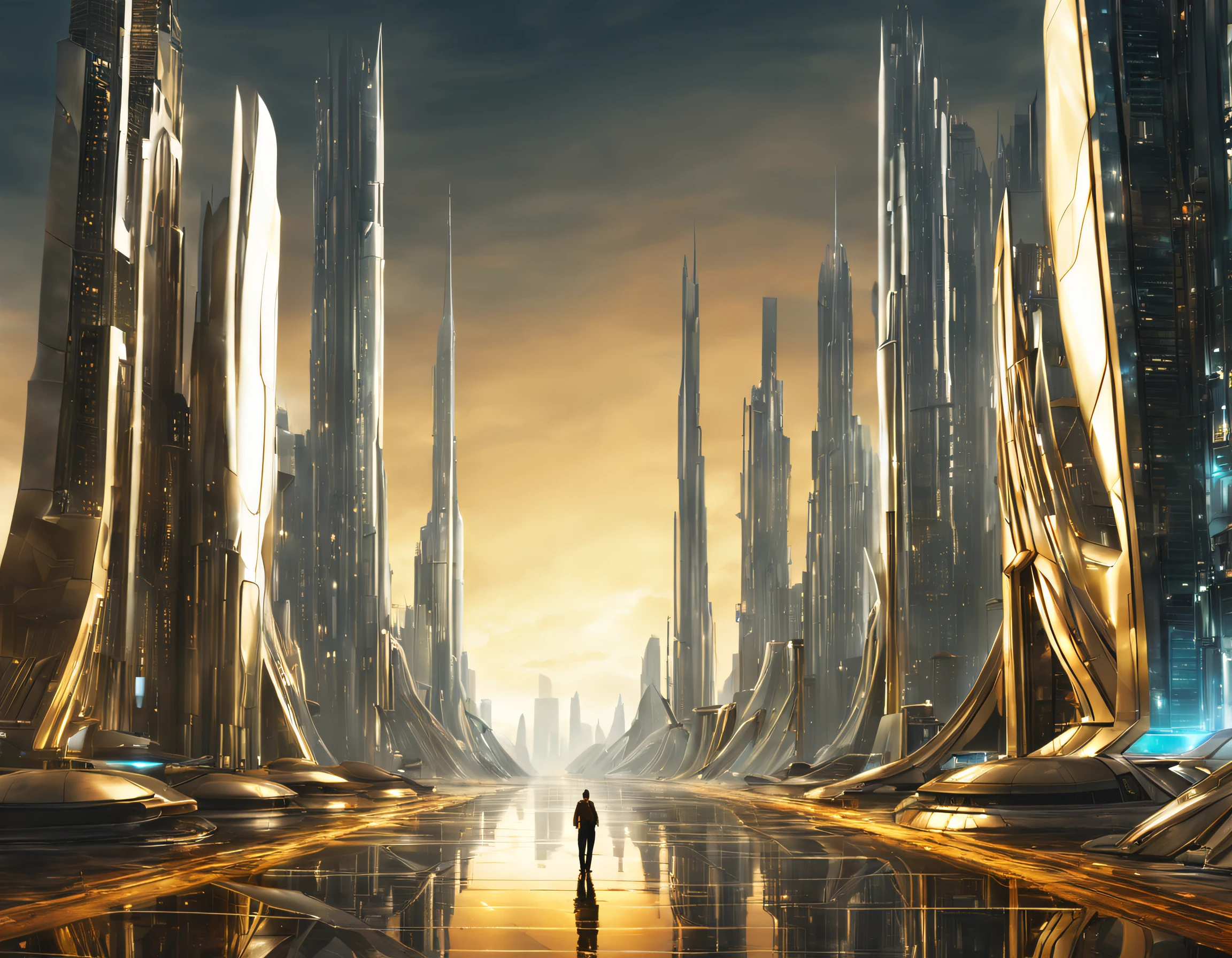 On an unknown planet lies a futuristic fantasy city with immense buildings of technological design that form an infinite avenue, con estructuras acristaladas en plata, oro y bronce espectaculares. con colores vivos. pavimento ensolado sin brillo. gente paseando. similar a un coruscant. imagen bien definida con muchos edificios juntos.