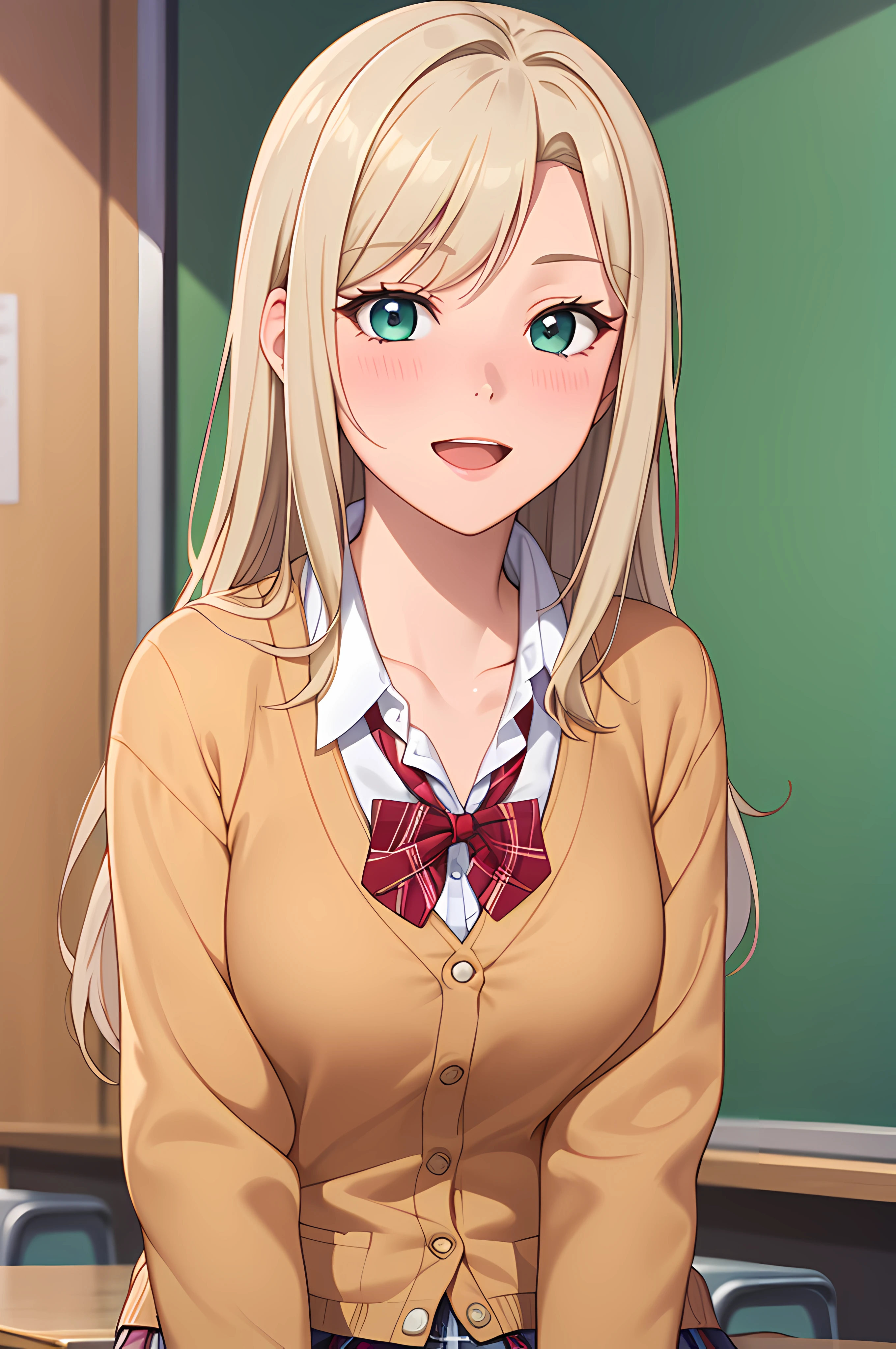 ((masterpiece, best quality, highres, UHD, perfect pixel, depth of field, 4k, RTX, HDR)), 1girl, single, solo, beautiful anime girl, official art, beautiful artstyle, anime character, ((long hair, parted bangs, blonde hair)), (green eyes:1.4, rounded eyes, beautiful eyelashes, realistic eyes), (detailed face, blushing:1.2), (smooth texture:0.75, realistic texture:0.65, photorealistic:1.1, anime CG style), medium breasts, perfect body, busty, (pov, close up), ((JK school uniform, plaid skirts, neck bowtie, cardigan)), natural light, indoor, classroom, school, smile, open mouth, leaning forward, hands behind back