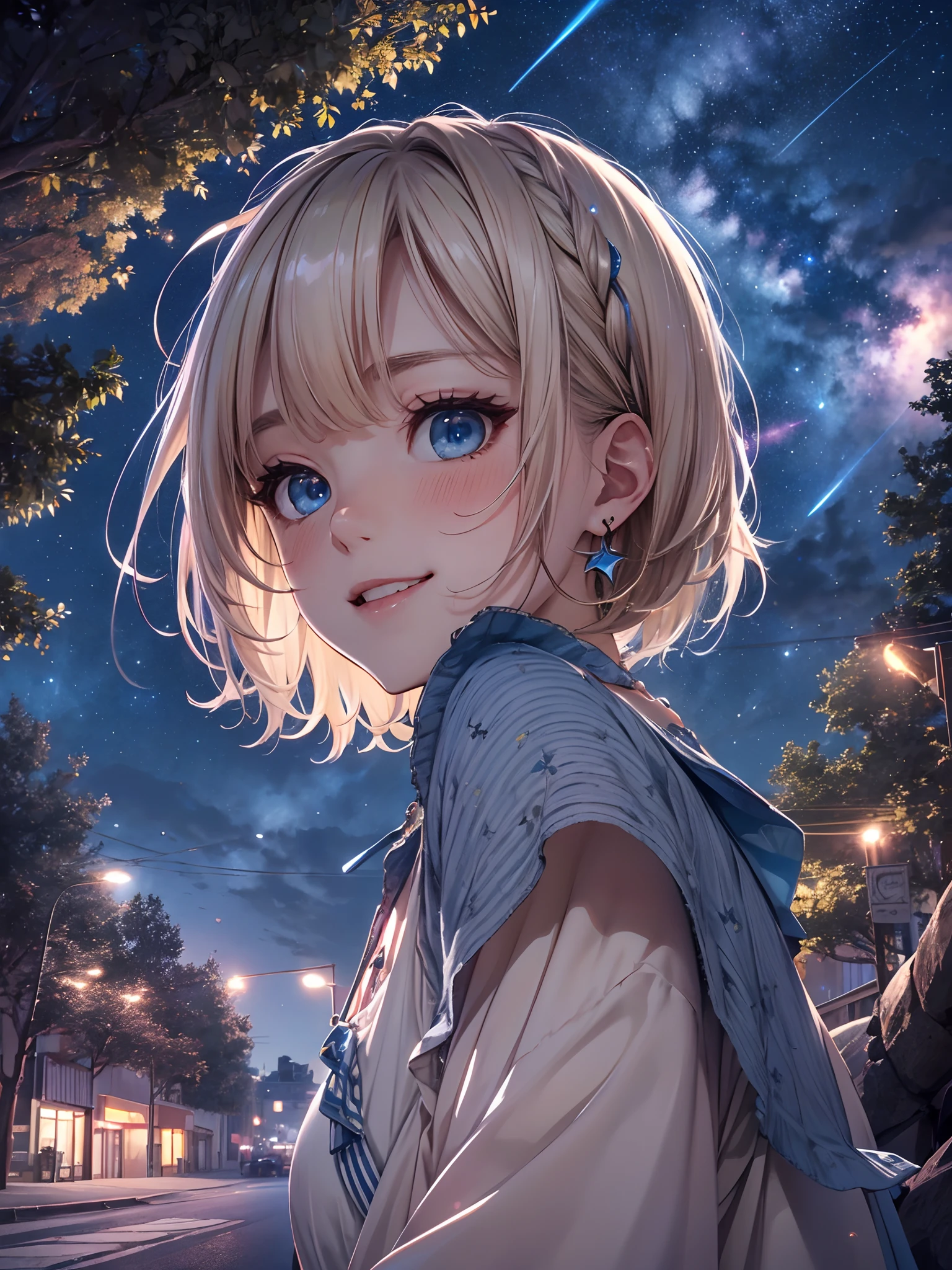 absurderes, ultra-detailliert,extremely beautiful detailed anime face and eyes,octane, skyporn, Star (skyporn), (Starry sky:1.2),(Meteor swarm:1.3) Night, 1girll, nigh sky, Solo, Outdoors, building, cloud, Milky way, Sitting, tree, city, silhuette, Cityscape, (look up sky:1.3),(From Side:1.3),8K, Beautiful night sky, Ray tracing,Short hair, ,asymmetrical bangs, Blonde hair with short twin tails, Shiny hair, Delicate beautiful face, Happy smiling face、red blush、(Deep Blue Eyes:1.4)White skin, hair clips, earrings, a necklace,