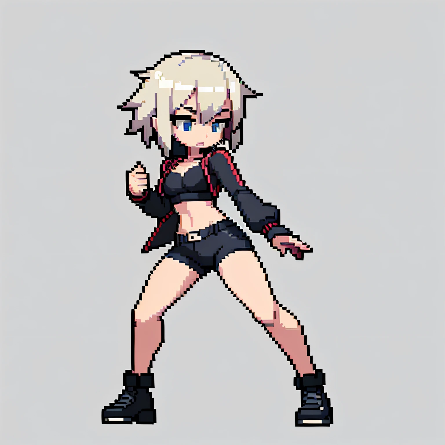(masterpiece, top quality, best quality, less detail, 8-bit color), pixel,pixel art,1girl,full body, idle pose,attack pose, US style, poor jacket, game asset, simple silver hair, simple bra on top, simple short pant