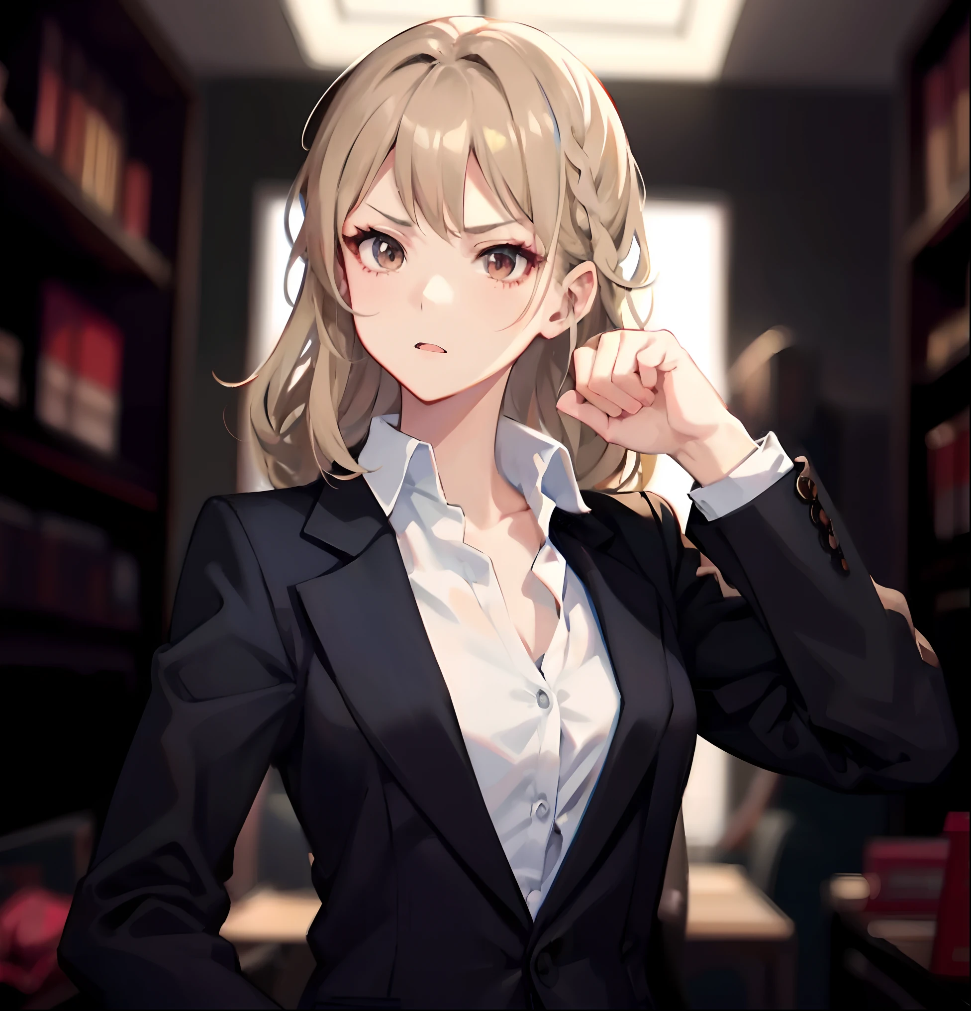anime - style image of a woman in a suit, anime artstyle, painted in anime painter studio, digital anime illustration, detailed digital anime art, best anime 4k wallpaper, high detailed official artwork, girl in a suit, made with anime painter studio, anime art, female lawyer, looking to her right, angry, Brown eyes, long hair, no bangs