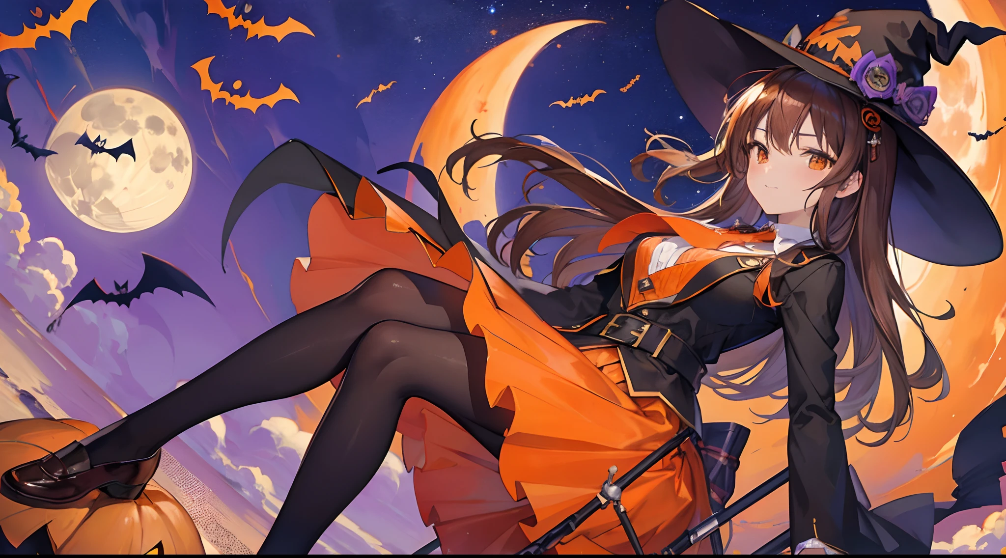 (Masterpiece), (High resolution), (vivid colors 1.2), 4k anime style, 4k Best quality, one person, (soft smile), (friendly), (brown hair), (messy hair), black and orange suit, orange skirt, (with ties), (legging), (halloween), (Halloween Moon Witch Hat), (fancy), (Jack-O-Lantern), looking at viewer, (Tokyo city), (nighttime), (full moon), ((on a journey))
