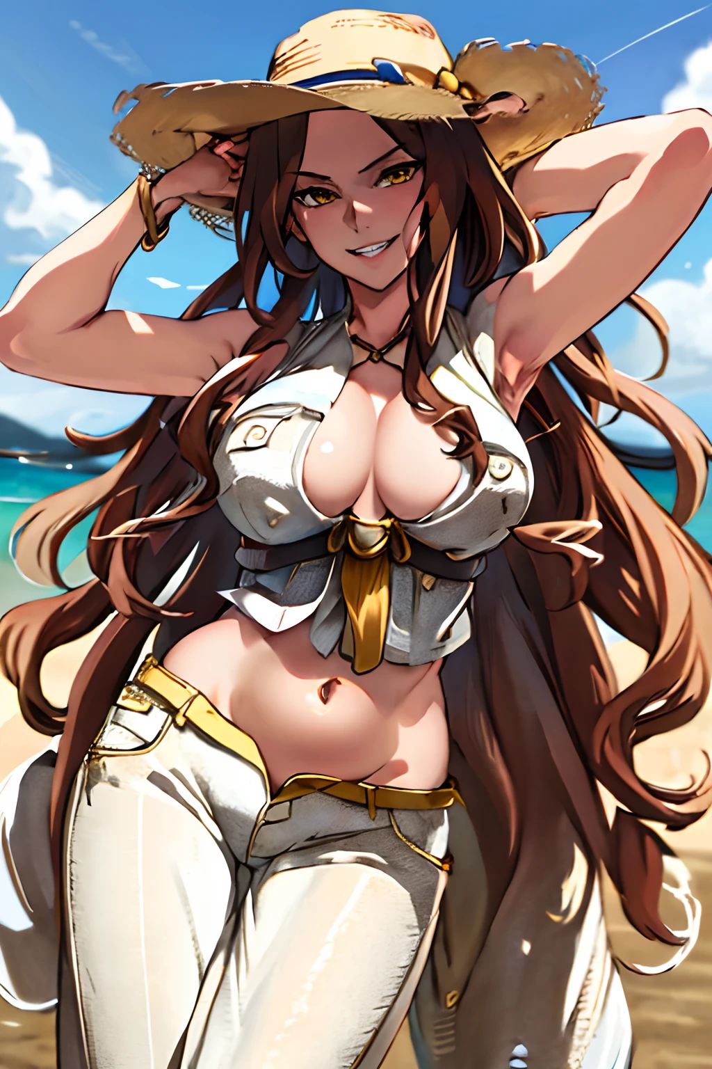 1girl, solo, breasts, long hair, brown hair, cleavage, jewelry, bracelet, yellow eyes, white pants, blue_vest, sleeveless, sumeragi lee noriega, cowboy shot, smile, exposed belly, exposed navel