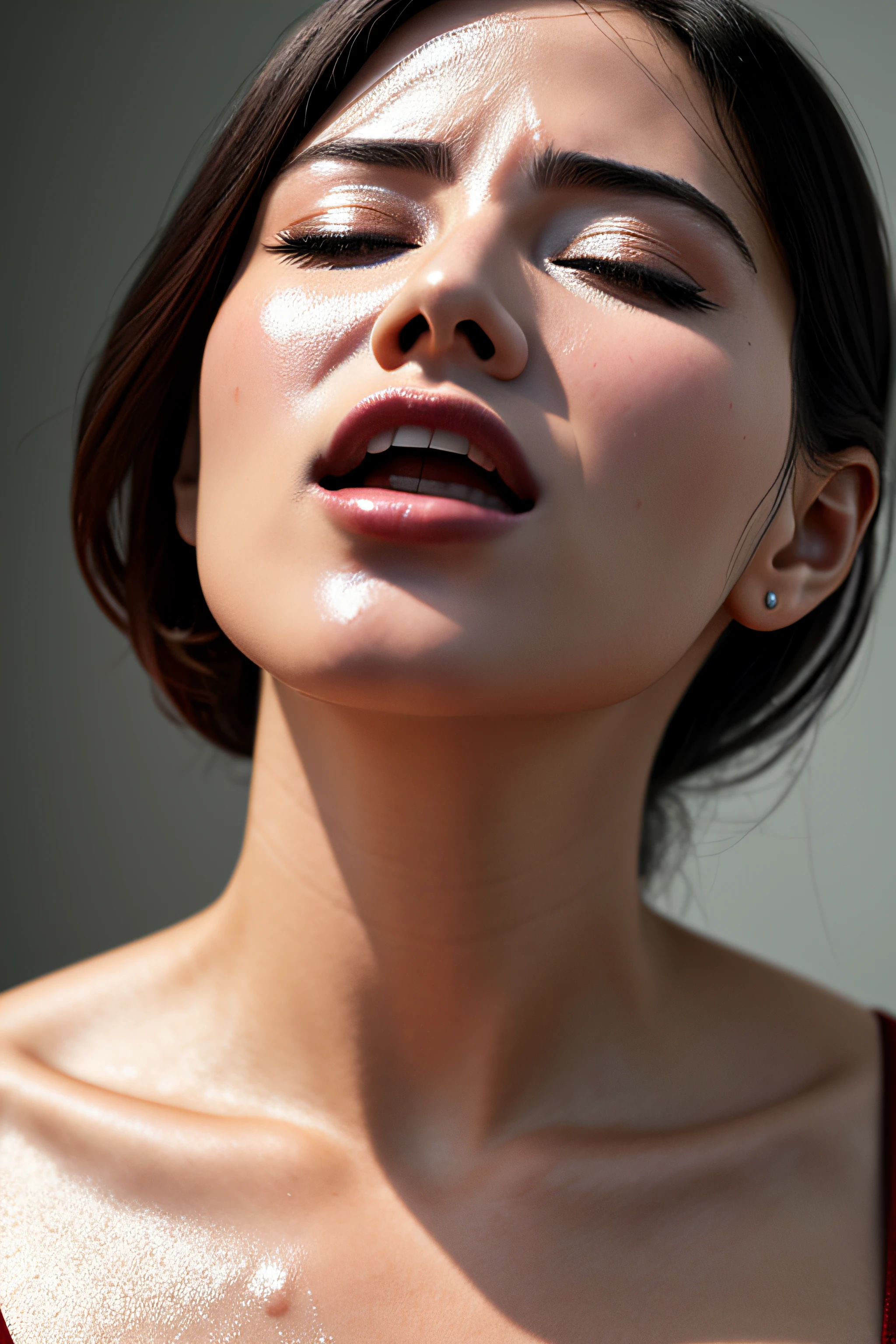 masutepiece,award - winning photo, Extremely detailed, edgOrgasm, Woman with mouth open and eyes closed , Skin shiny with sweat、Face Focus、frombelow、Illumination that emphasizes shiny sweat{{{Spread }}}, A dark-haired、NSFW、