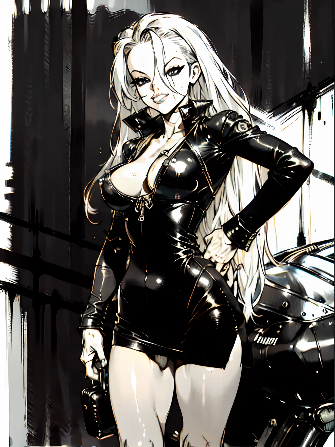 Pamela Anderson in a black leather dress posing for a picture, pamela anderson, in a leather corset, black leather bra, wearing leather swim suite, leather top, skintight leather clothes, sultry smirk, leather,, wearing leather bikini), dressed in biker leather, leathery, monochrome, greyscale, manga sketch. in boichi manga style