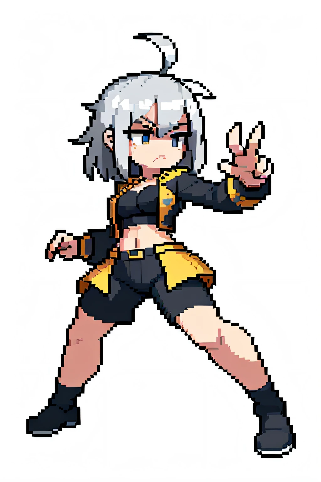 (masterpiece, top quality, best quality, less detail, 8-bit color), pixel,pixel art,1girl,full body, sharp line art, idle pose,attack pose, US style, poor jacket, game asset, simple silver hair, simple bra on top, simple short pant