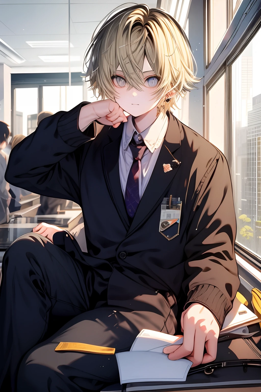 kpop boy, blond hair, necktie, on office with a computer, proper seating, near glass window view