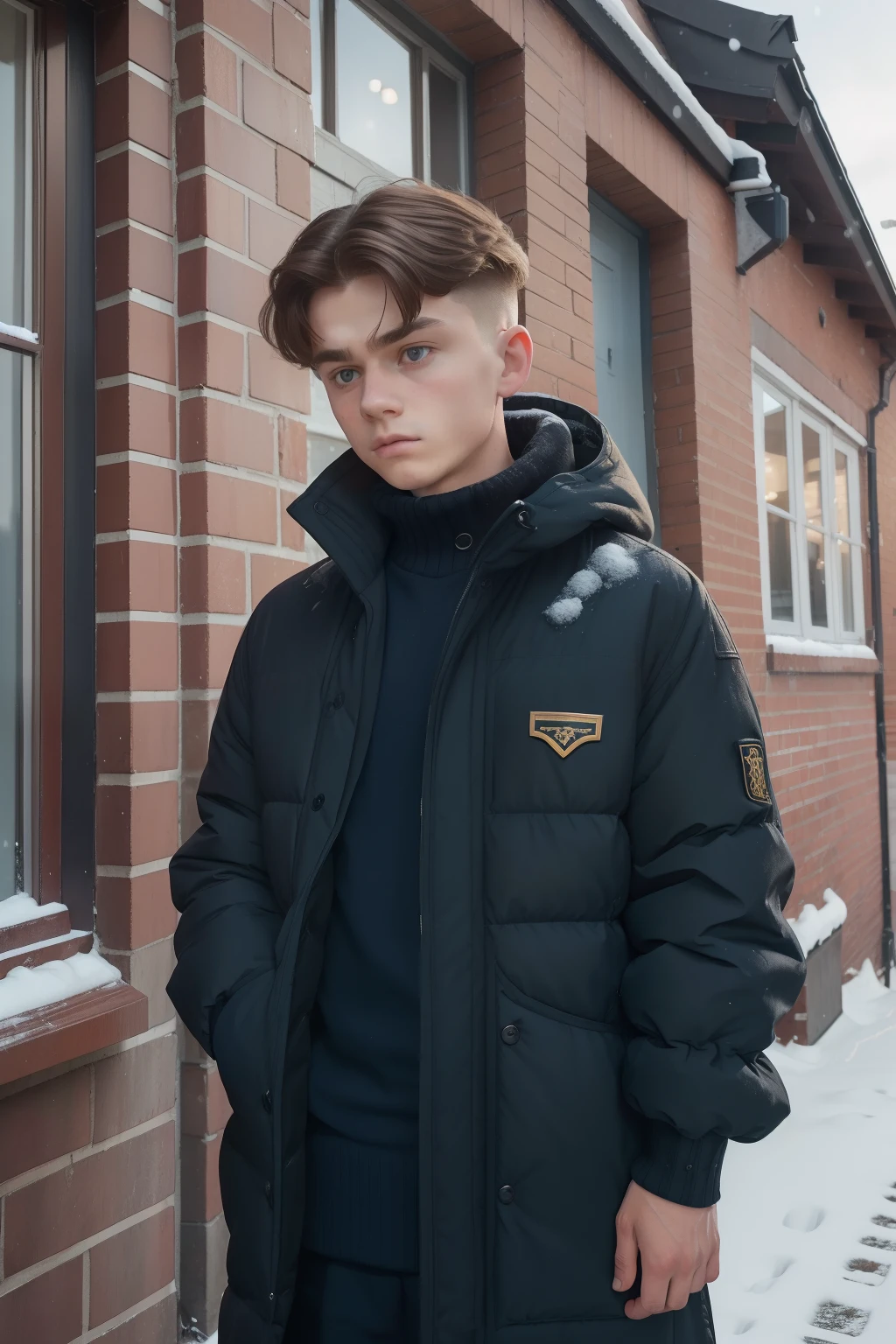 year: 2023. Location: Sweden. Pre-Raphaelite scene with a 16-year-old twat thug boy, looking down, ashamed, hands in his pokets, ((sullen look)), in front of a terraced house, ((((teen winter Clothing from the 2020s)))) ((Hairstyle of the 2020s)), ((("OMITB" cinematography)))
