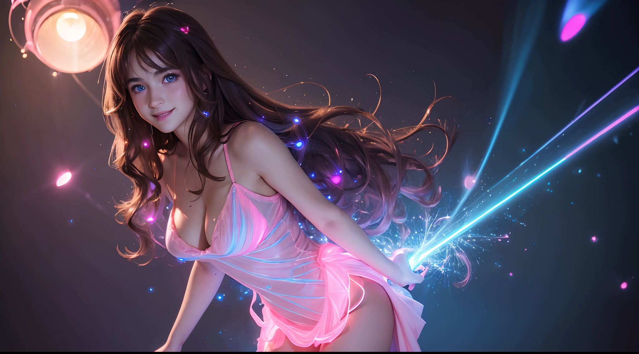 (Masterpiece, Best quality:1.3), (Ultra-detailed:1.3), 1girll,Smile， Solo, (Brown hair, Messy hair, Long hair),,medium boob, Blue eyes, (Pink slip dress), Cinematic lighting, (((Glowing light particles))), (arms back behind), Dynamic Angle,