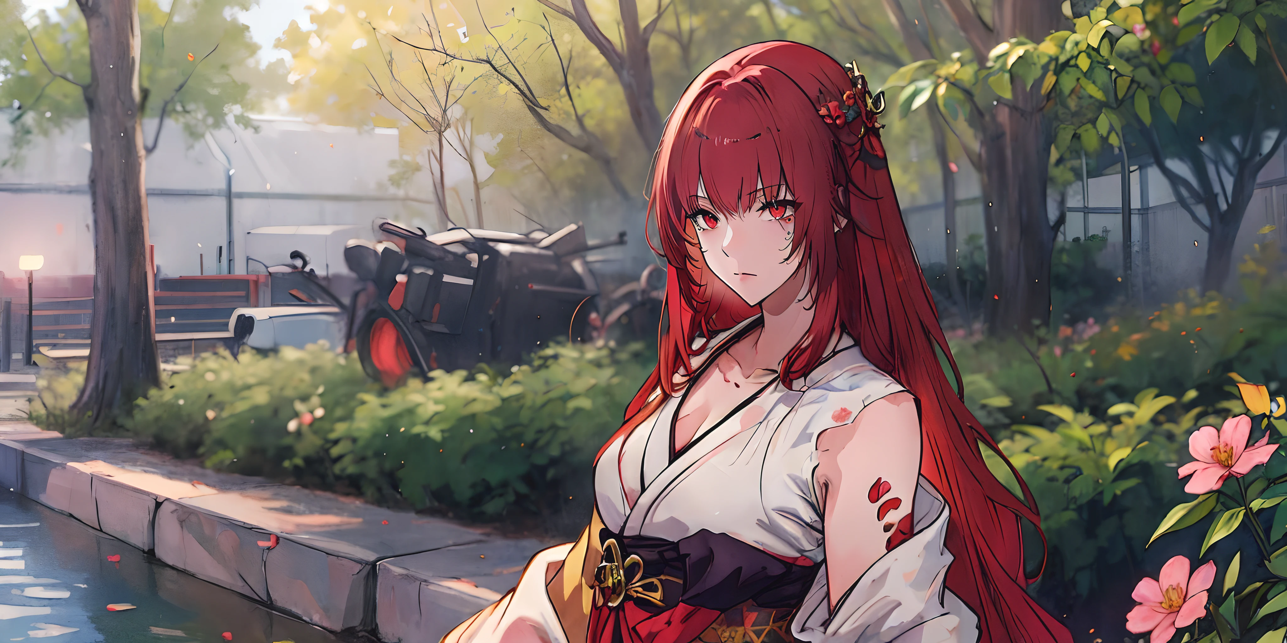 verapgr_rozen, (long hair, red hair, hariband:1.5), (red eyes:1.5), breasts, epic art, fantasy, 1girl, flower, japanese_clothes, kimono, solo, pink_flower, sash, day, obi, tree, outdoors, long_sleeves, breasts,  upper_body, parted_lips, wide_sleeves, looking_at_viewer, glow effects, godrays, Hand drawn, render, 8k, octane render, cinema 4d, blender, dark, atmospheric 4k ultra detailed, cinematic, Sharp focus, big depth of field, Masterpiece, colors, 3d octane render, 4k, concept art, trending on artstation, hyperrealistic, Vivid colors, extremely detailed CG unity 8k wallpaper, trending on CGSociety, Intricate, High Detail, dramatic, anime coloring, anime screencap, steaming body, fog, heavy breathing, nsfw art,