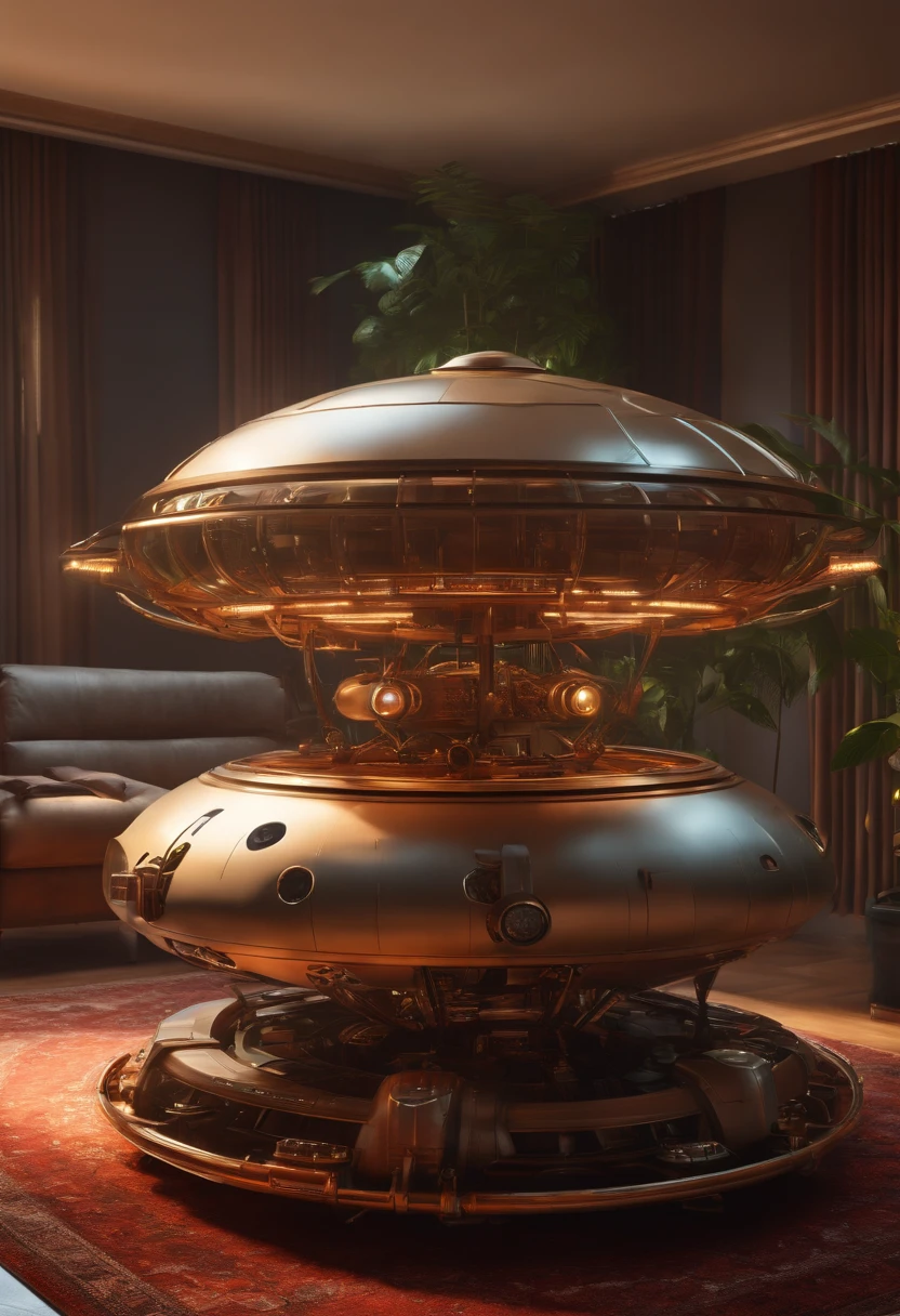 one organic steampunk mechanical scifi ufo sitting on the floor of modern over planted living room with carpet, modern interior, High quality photo, ultra high res, (photorealistic:1.4), cinema lighting, insanely detailed, hyper realistic, fine details, octane render