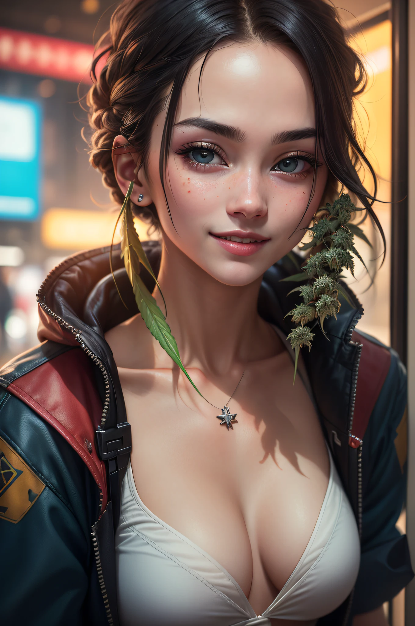 Very detailed pictures of cannabis, , Cyberpunk, Futuristic, , 8K UHD, Raw photography, model photoshoot, Detailed skin, It has to be a happy atmosphere、
