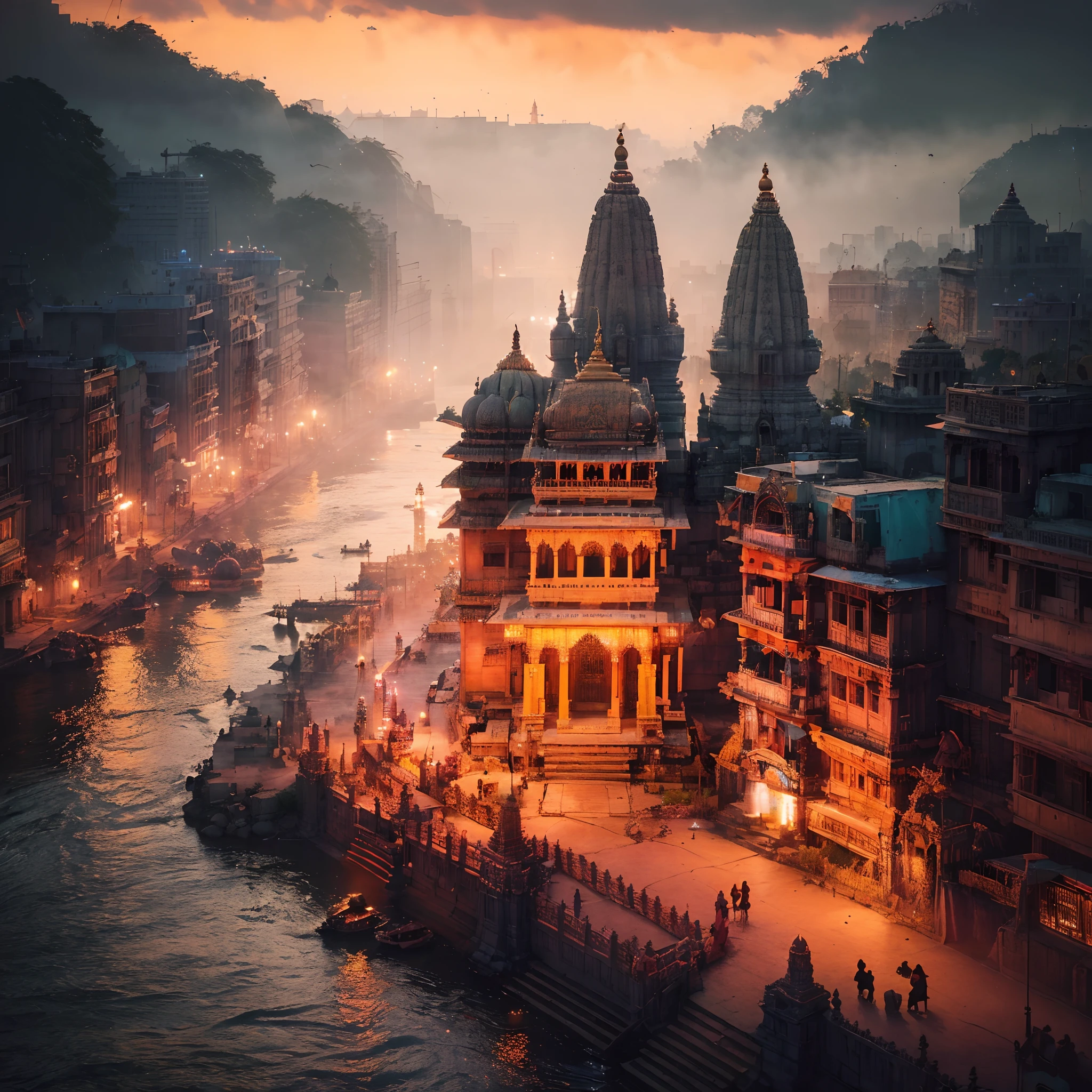 view of a city with a river and a few buildings, indian temple, hindu aesthetic, glowing temple in the distance, india, unsplash contest winning photo, beautiful place, by Beeple, andreas rocha style, pexels contest winner, artem demura beeple, beeple. hyperrealism, beeple |