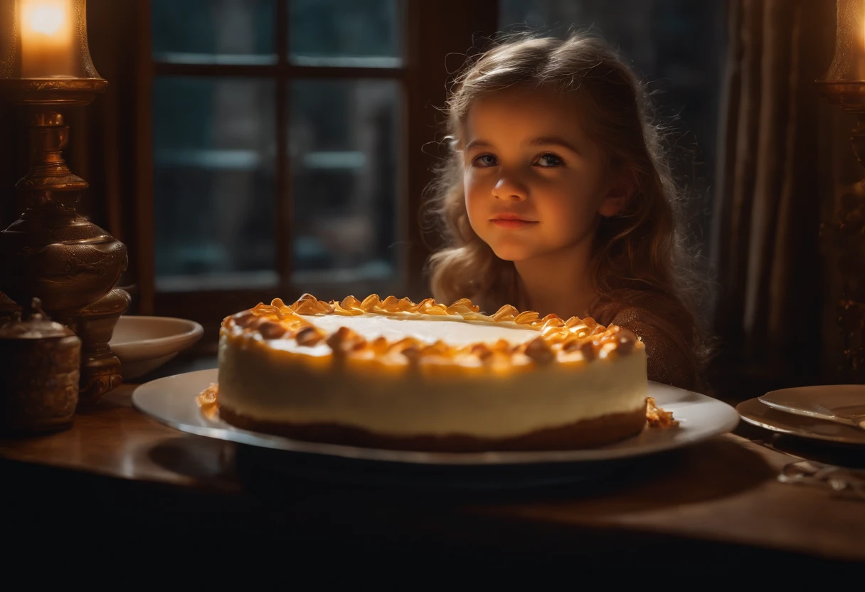 there is a  woman holding a cheesecake birthday in front of a window, looking at a cheesecake, detailed cheesecake, crumbs of cheese on her cheeks, detailed face an eyes, birthday party, dark room with ambient lighting, highly detailed, intricate detail, lots of detail, dynamic composition, a photorealistic painting by irakli nadar, unsplash contest winner, hyperrealism, brandon woelfel, dark moody lighting, very moody, moody aesthetic, mid shot