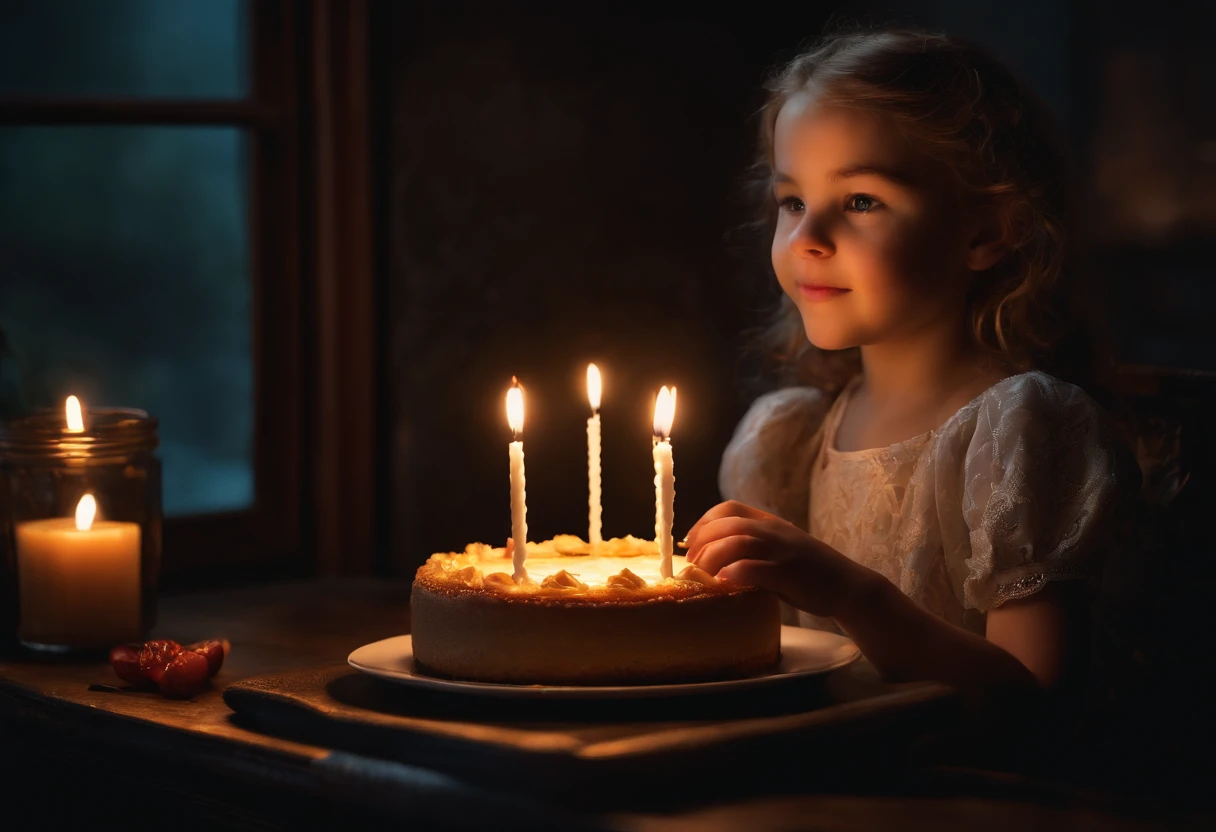 there is a woman holding a cheesecake birthday in front of a window, looking at a cheesecake, detailed cheesecake, crumbs of cheese on her cheeks, detailed face an eyes, birthday party, dark room with ambient lighting, highly detailed, intricate detail, lots of detail, dynamic composition, a photorealistic painting by irakli nadar, unsplash contest winner, hyperrealism, brandon woelfel, dark moody lighting, very moody, moody aesthetic, mid shot