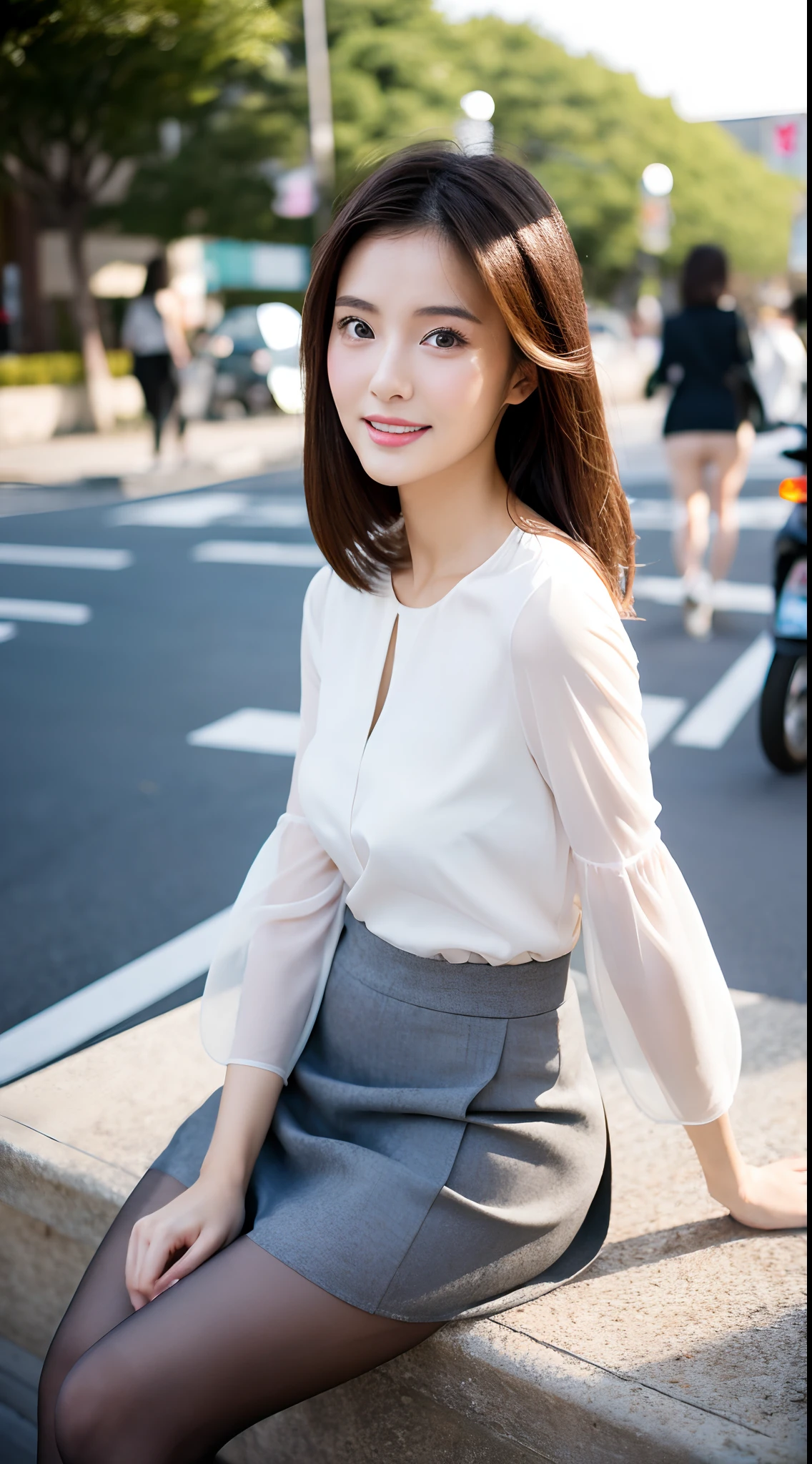 Upper class 44 year old beautiful mature woman sitting on beautiful park lawn with purse and handbag, realistic skin textures、Sitting, (No bra)、game_nffsw, Wearing an ultra-thin silk blouse over naked、Wearing ((Sukesuke Silk Blouse:1.3)), jaw-dropping beauty、 thighhighs and skirt, (Wear ultra-realistic pantyhose)、elegant japanese woman, Ultra-thin white shirt and gray skirt, transparent gray skirts, Japanese Models, Wearing a blouse, japanese city street fashion, japanese street fashion, dressed with long fluent clothes, dressed with fluent clothes, very pretty model, Wearing a white blouse, Cute elegant pose、A smile、　　Raw photo, (in 8K、top-quality、​masterpiece:1.2)、(intricate detailes:1.4)、(Photorealsitic:1.4)、octane renderings、make - up, (detailedbackground:1.2),　Realistic skin feeling、shinny skin、Exposed thighs!!!、