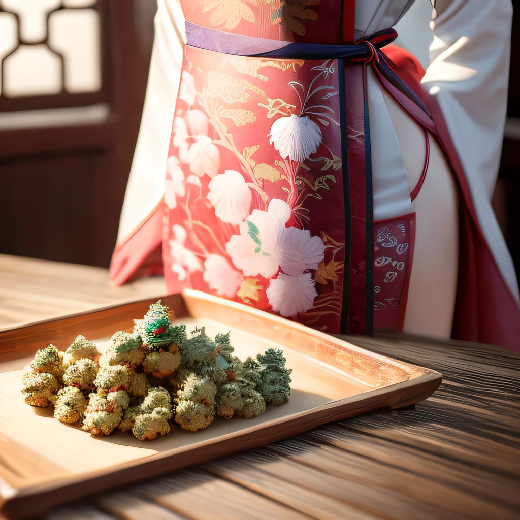 There is a cartoon girl in a dress, Chinese dress with cannabis print, Cannabis print hanbok apron, Chinese costume with cannabis print, Traditional Chinese costume with cannabis pattern, Close-up - Cannabis views, Cannabis pattern hanbok, Wearing ancient Chinese costume with cannabis print, In ancient Chinese costume with cannabis print,Cannabis Palace, a girl in hanfu,Cannabis-patterned white hankimono, Cannabis cheongsam, Wearing pink cannabis chiton, shadow room, Light Edge, Two-tone lighting, (High Detail Skin: 1.2), 8K UHD, Digital SLR, Soft light, High quality, Volumetric lighting, Sneak Peek, Photo, High resolution, 4K, 8K, Background bokeh