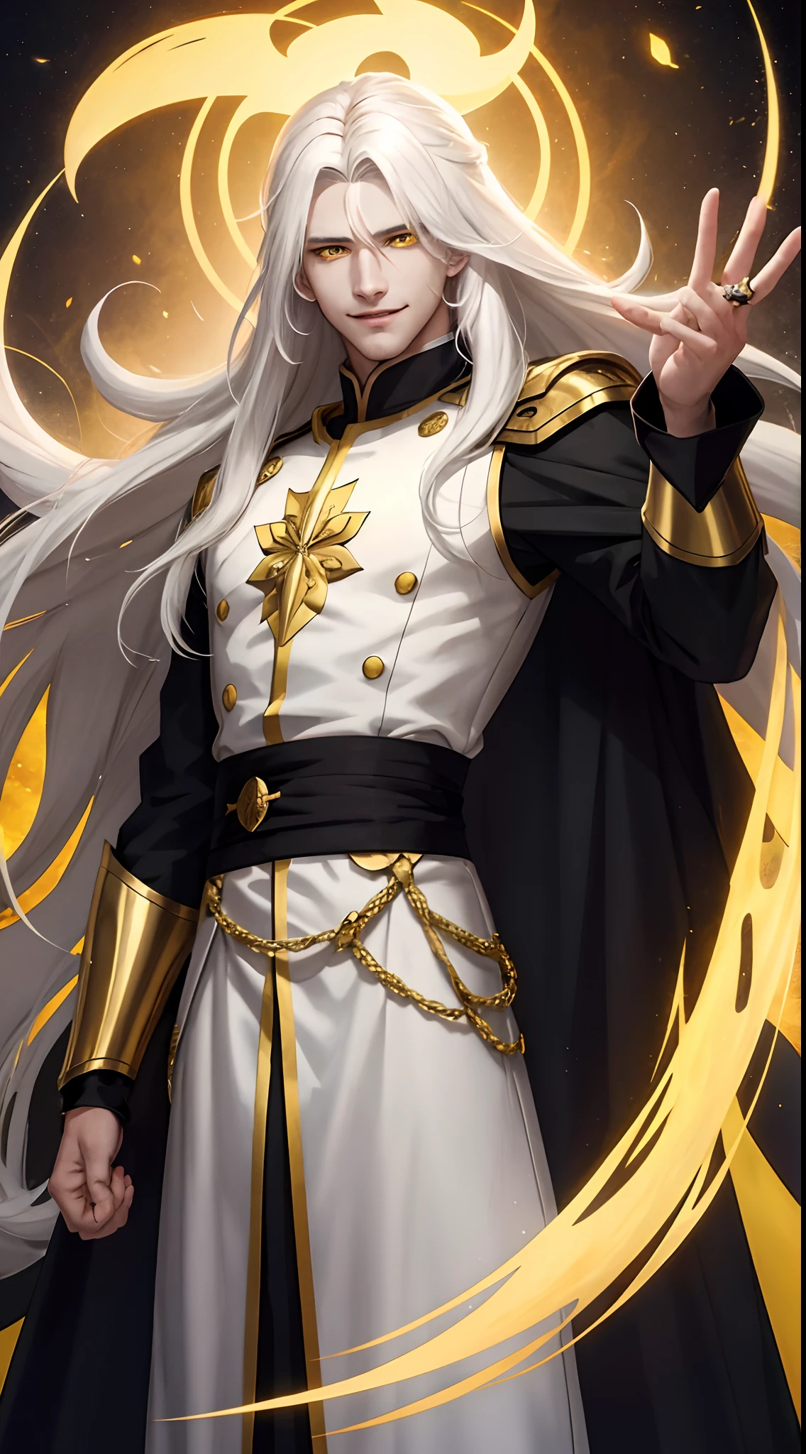 Anime images, hero, man, whitehair, long-haired, top-quality, Golden yellow eyes with black, Smiling, you war.,