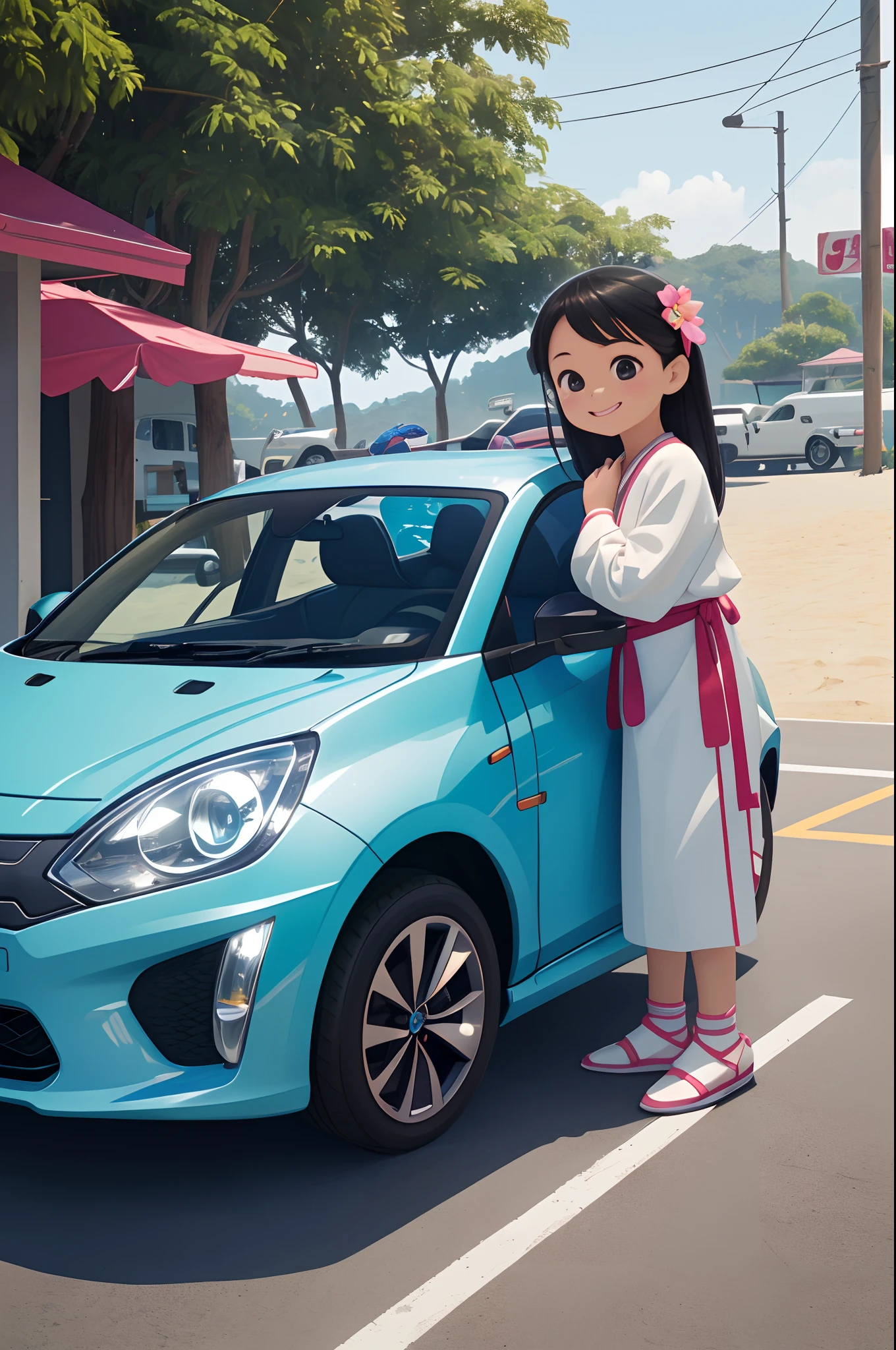 Octane Render、(Hyper-detailing: 1.15)、(Soft light、sharp: 1.2)、morning、Little girl posing in front of colorful EV in parking lot near beach, Traditional costumes、Distinctive ethnic hair ornaments、Characteristic ethnic shoes、 Fuji Film, F/4.0, masutepiece, Anatomically correct、A smile, radiant light